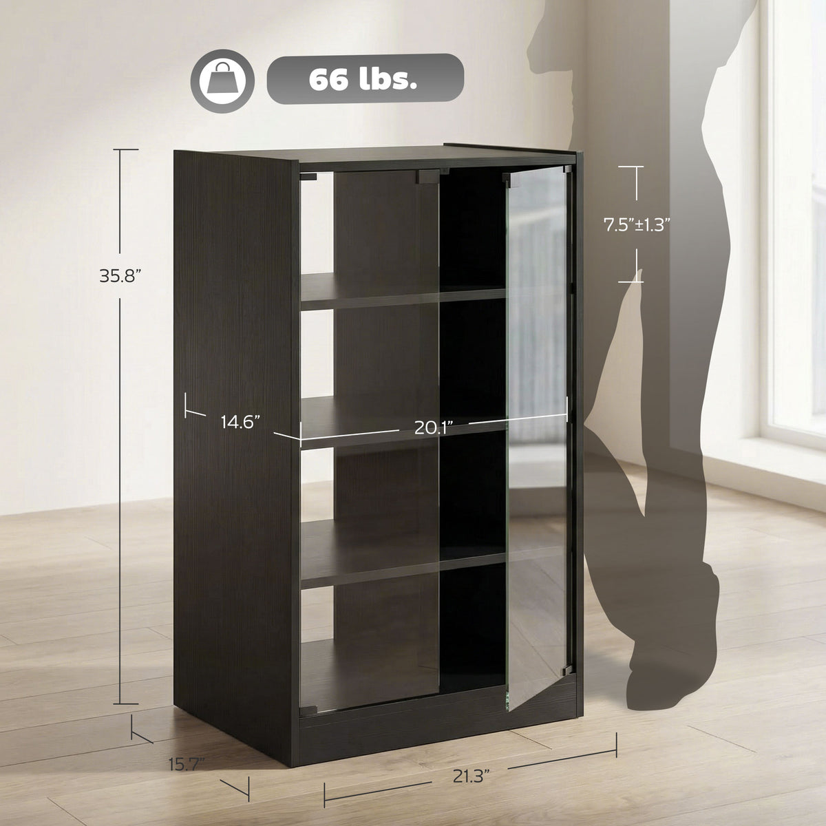 Media Cabinet, 4-Tier Stereo Cabinet for Vinyl Record Player, Gaming Console, AV Record Player Stand with Adjustable Shelves, Push-to-Open Glass Doors and Cable Management, Distressed Black