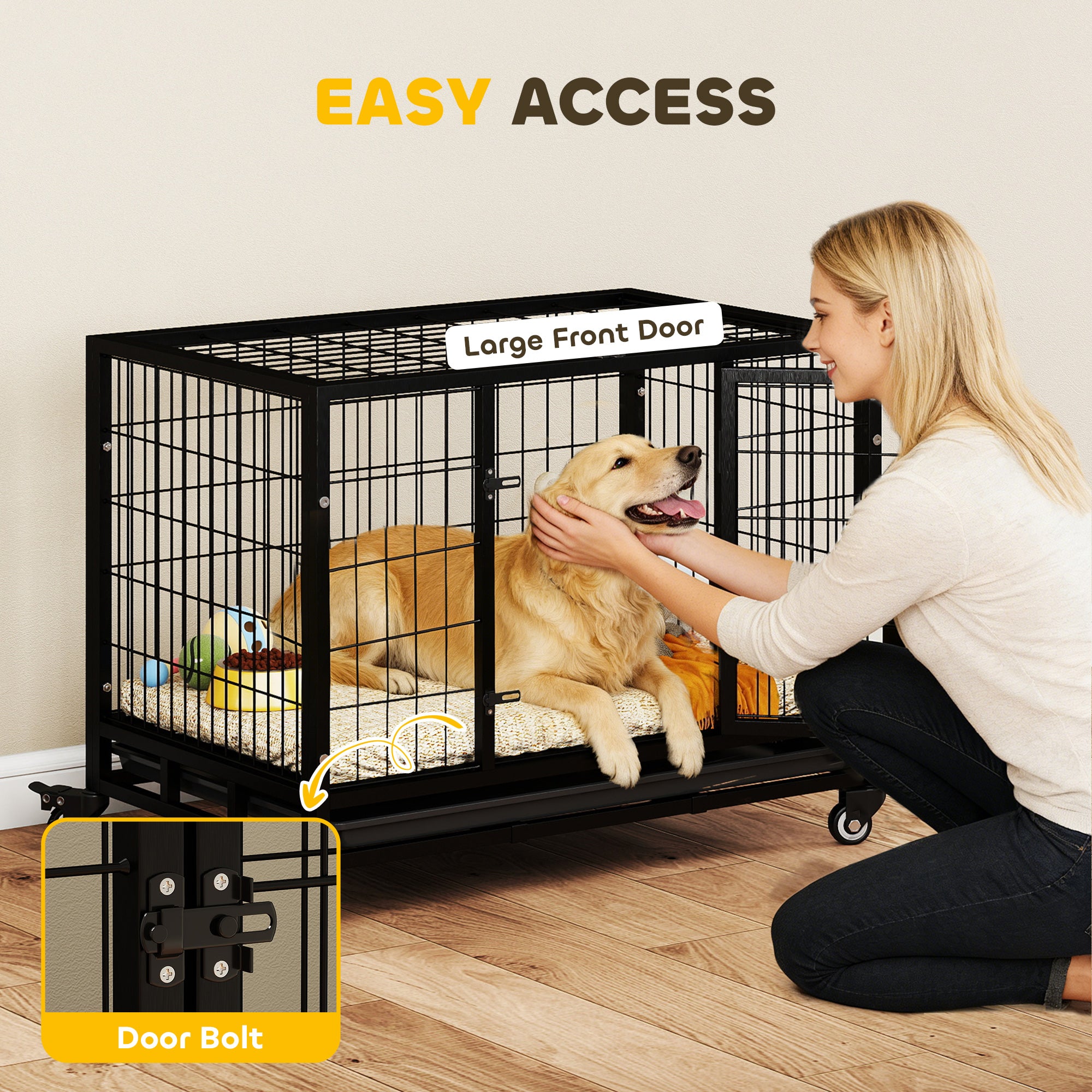 36" Heavy Duty Dog Crate with Removable Tray, Lockable Wheels and Double Door, for Medium and Large Dogs, Black - Black - Image 5