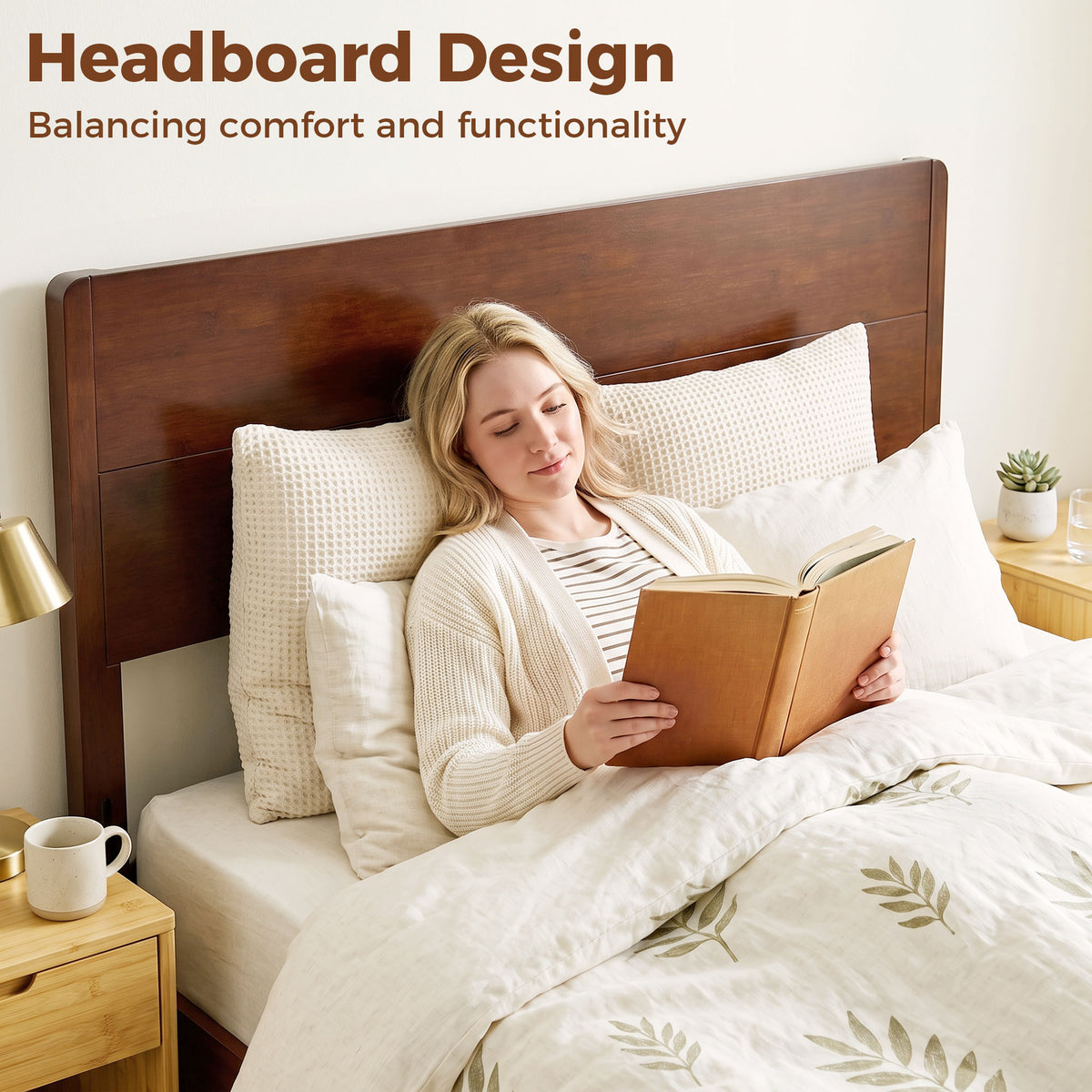 Queen Size Bamboo Platform Bed Frame with Headboard and 12 Poplar Slats, No Box Spring Needed, Easy Assembly, Brown