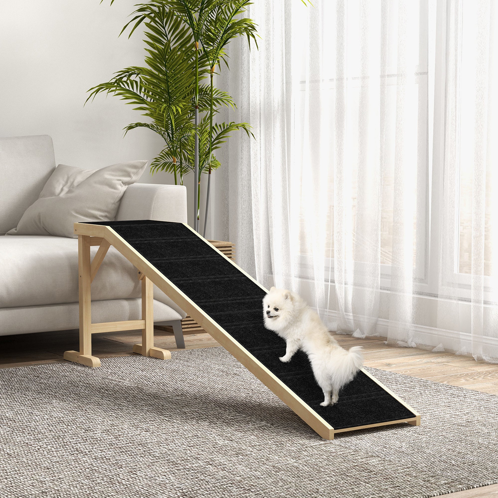 Dog Ramp for Bed, Pet Ramp for Dogs with Non-Slip Carpet and Top Platform, 74" x 16" x 25", Natural - Natural Wood - Image 2