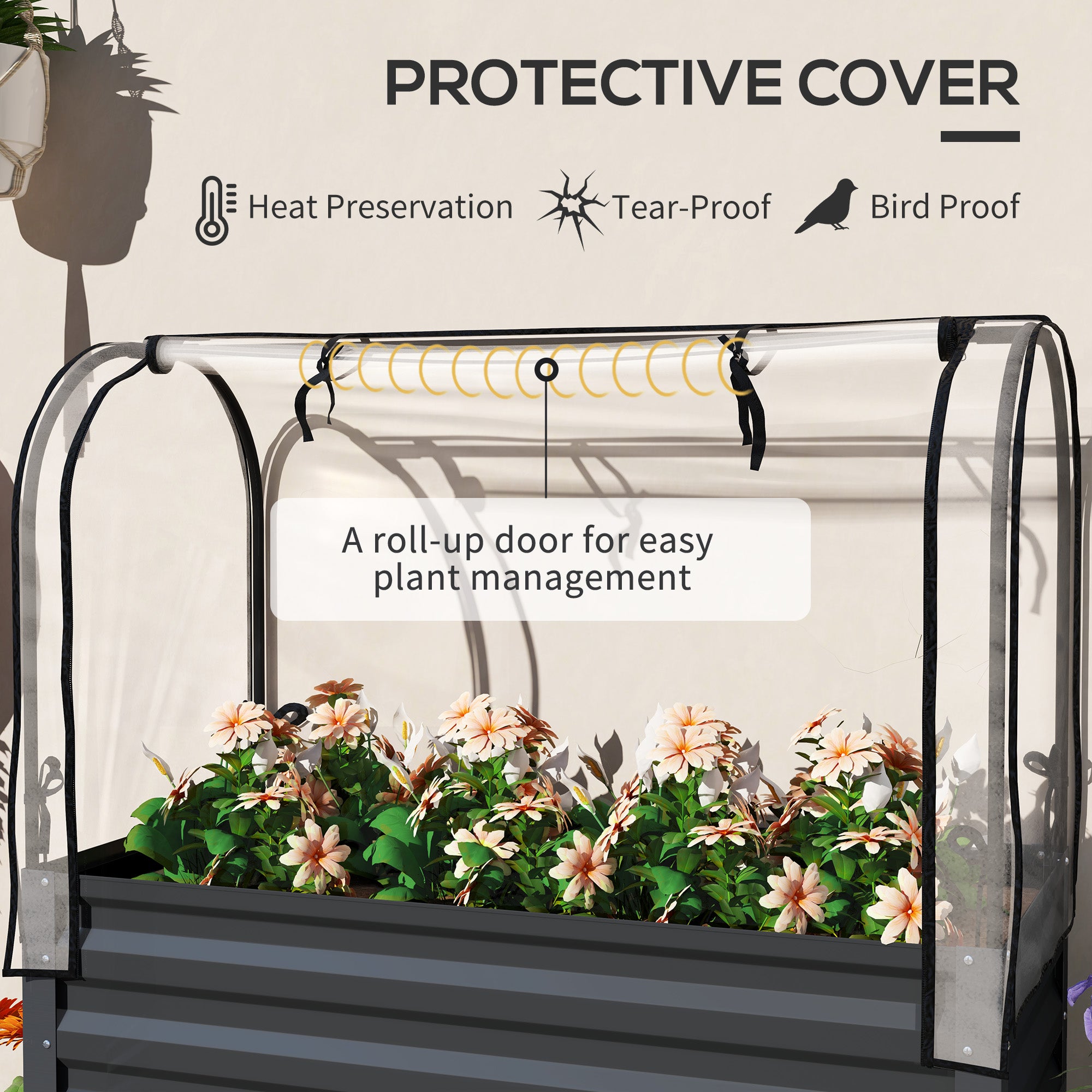 Raised Garden Bed with Legs and Cover, Metal Elevated Planter Box with Bottom Shelf and Liner for Vegetables, Dark Gray - Dark Gray - Image 4