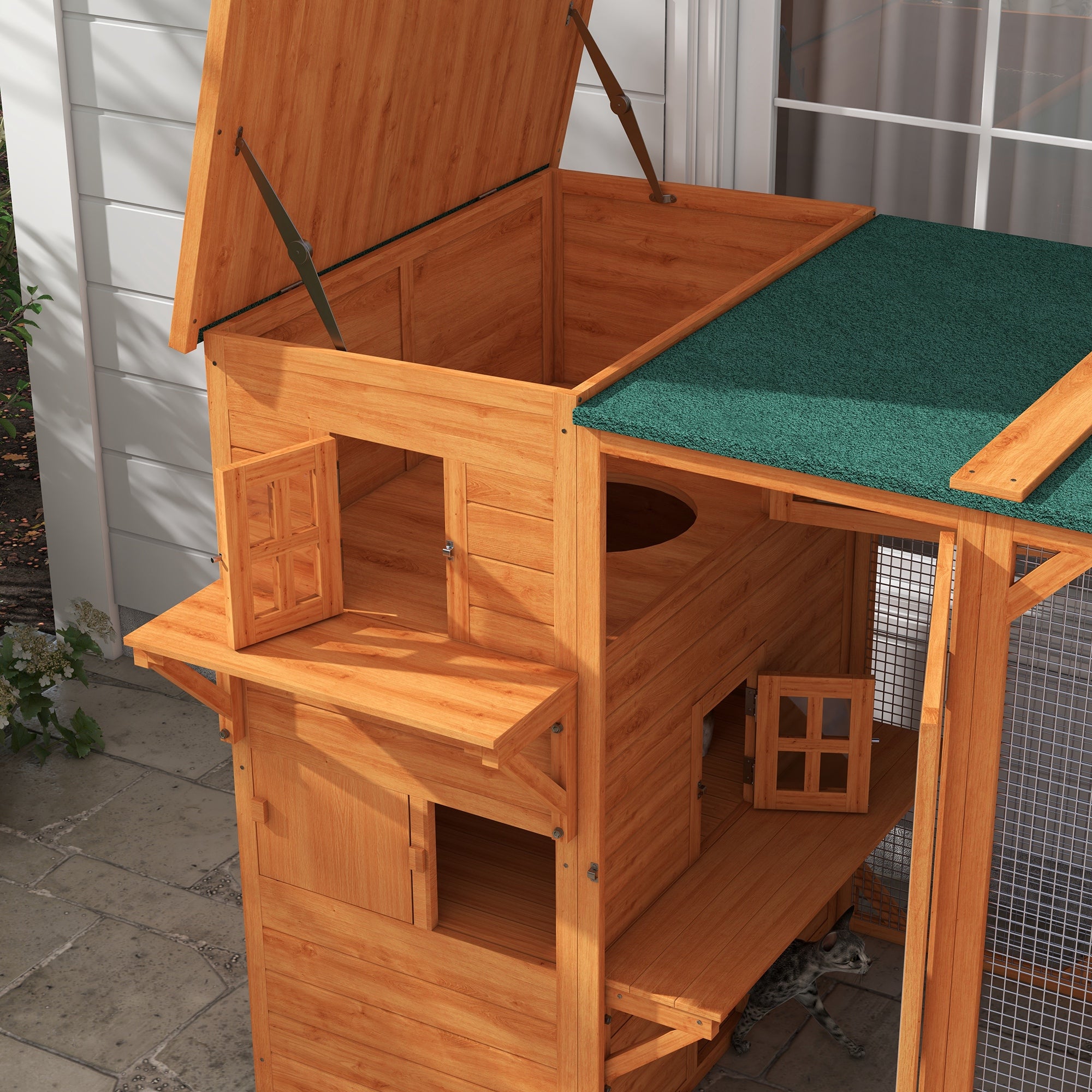 Large Outdoor Cat House for 3 Kitties, Multi-Level Design with Big Hiding Areas 2 Stories & Multiple Platforms Cat Condo - Orange - Image 8