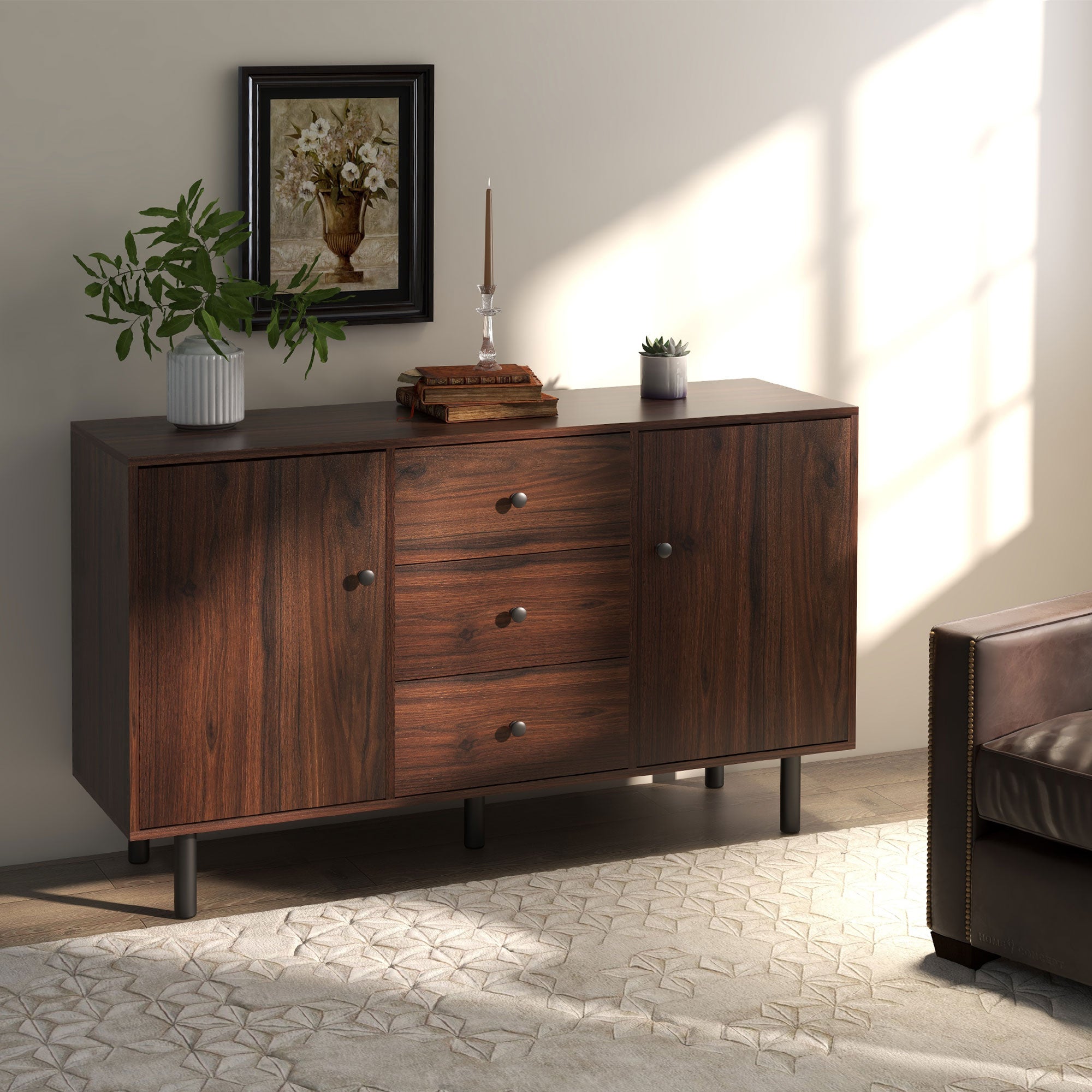 Retro Sideboard with 2 Cabinets 3 Drawers, Buffet Table, Rustic Brown