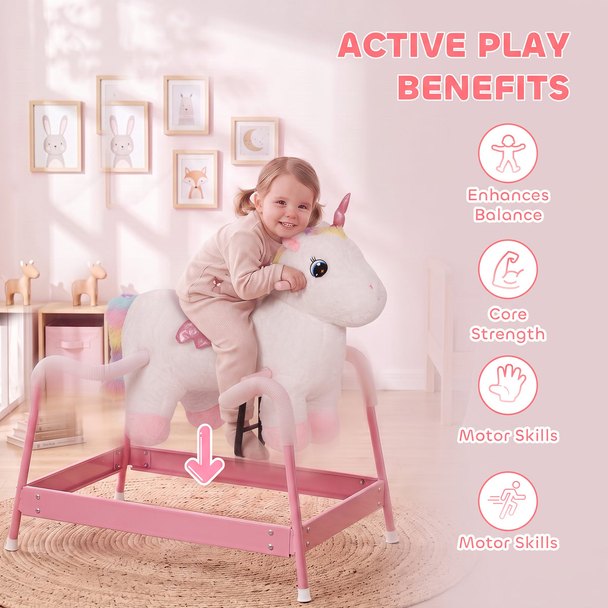 Kids Spring Rocking Horse, Unicorn Ride on Horse with Neighing Sounds, Plush Animal Ride on Toy for Ages 3+, White