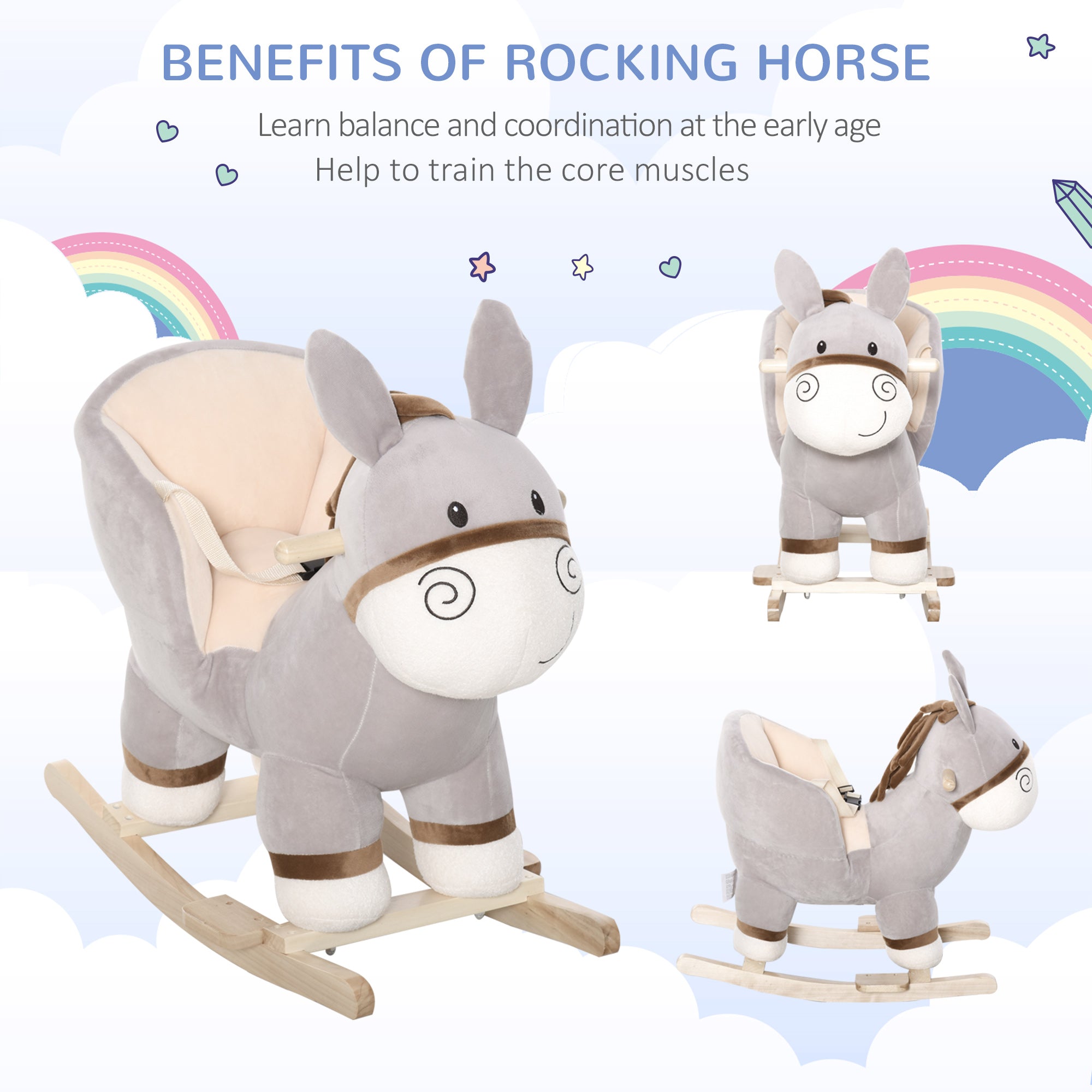 Kids Rocking Chair, Plush Ride On Rocking Horse Donkey with Sound, Wood Base Seat, Safety Belt, Baby Toddler Rocker Toy for 18 - 36 Months, Gray