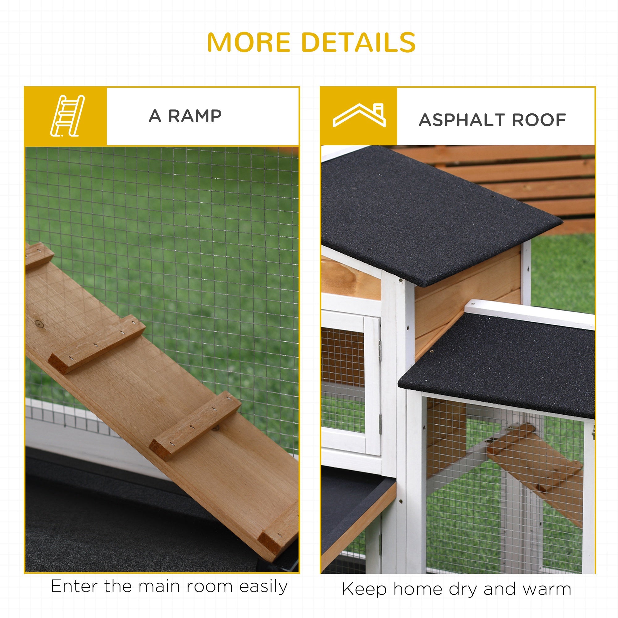 62" Rabbit Hutch, Wooden Bunny Hutch, Guinea Pig Cage, Small Animal Enclosure with Run Area, Removable Tray, Asphalt Roof, Lockable Doors and Ramp, for Rabbits, Chickens, Ducks, Nature Wood - Natural Wood - Image 7