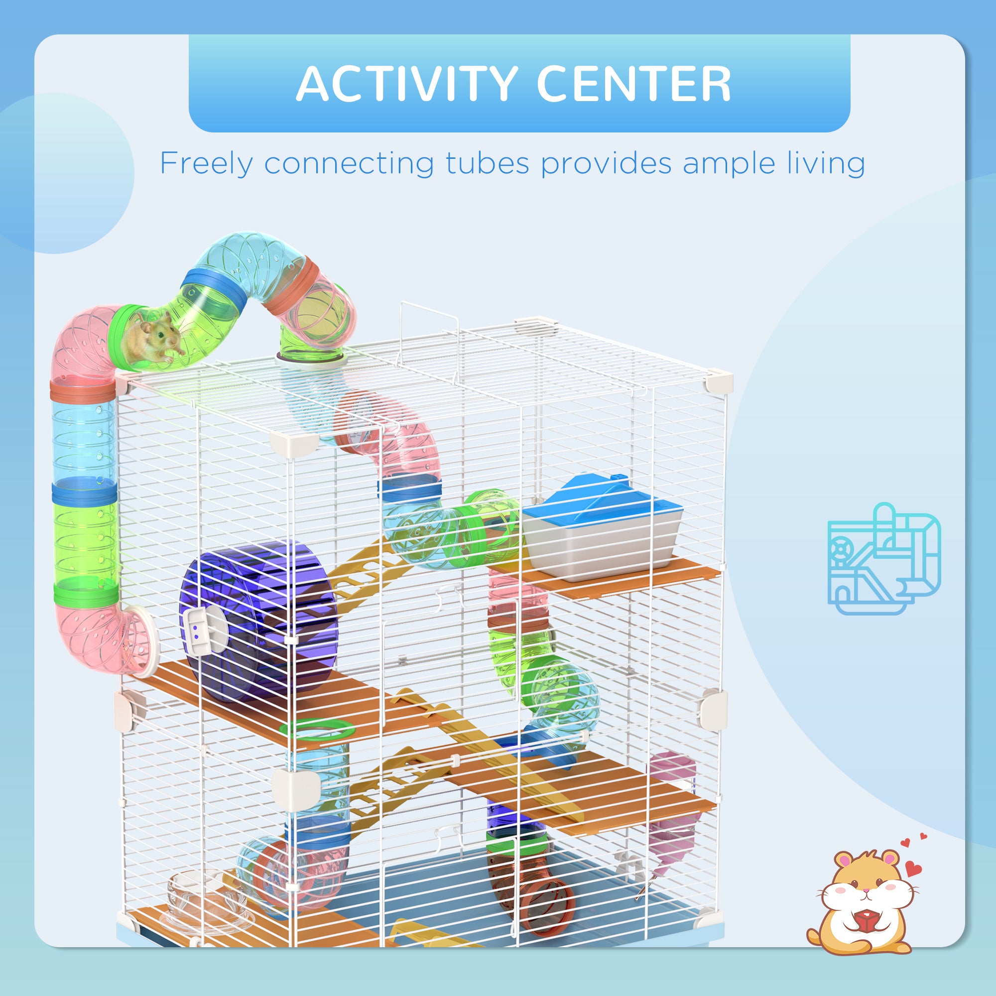 5 Tiers Hamster Cage Portable Animal Travel Carrier w/ Exercise Wheels Tube, Light Blue - Light Blue - Image 4