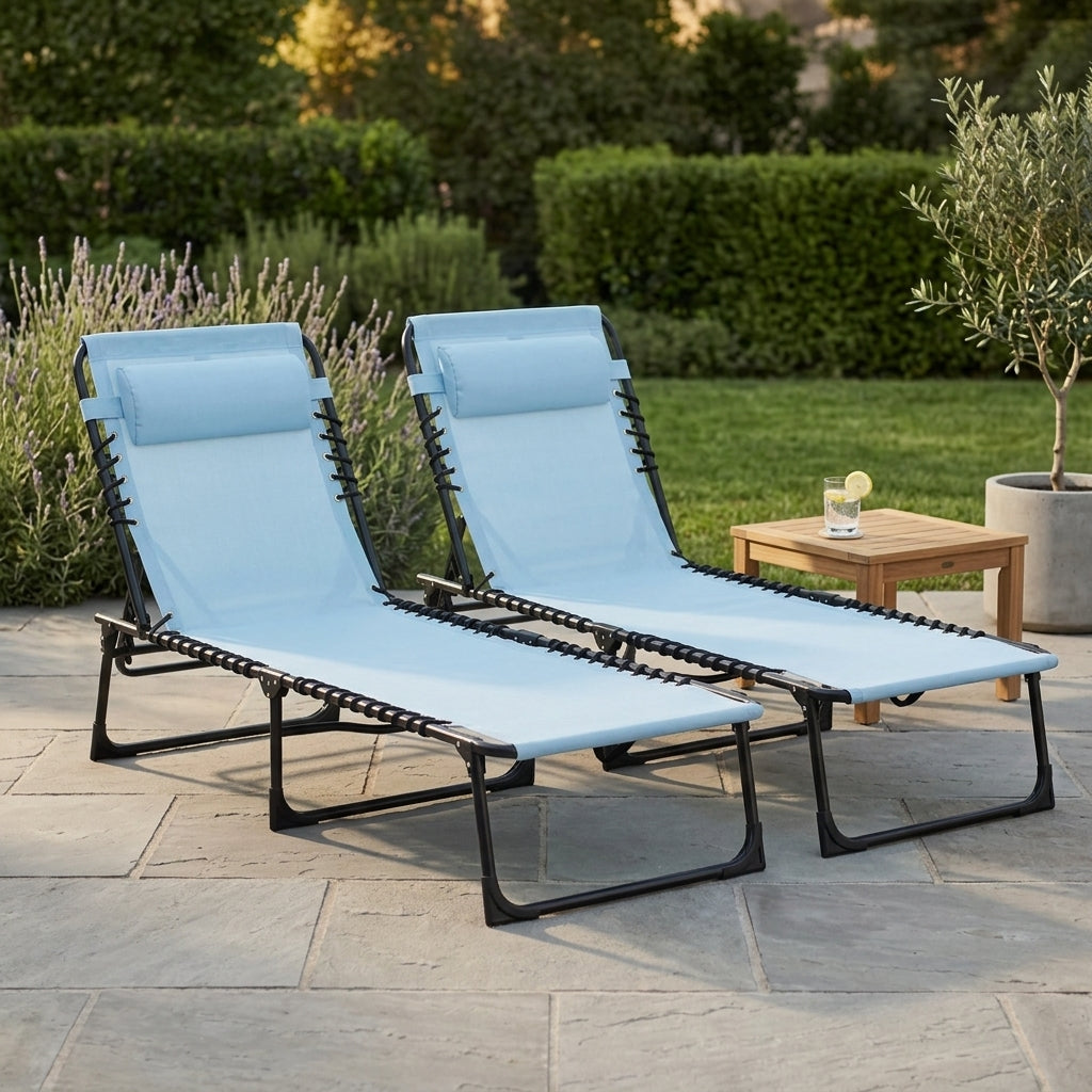 Set of 2 Folding Chaise Lounge Chairs, Outdoor Sun Tanning Chairs with Reclining Back, Light Blue