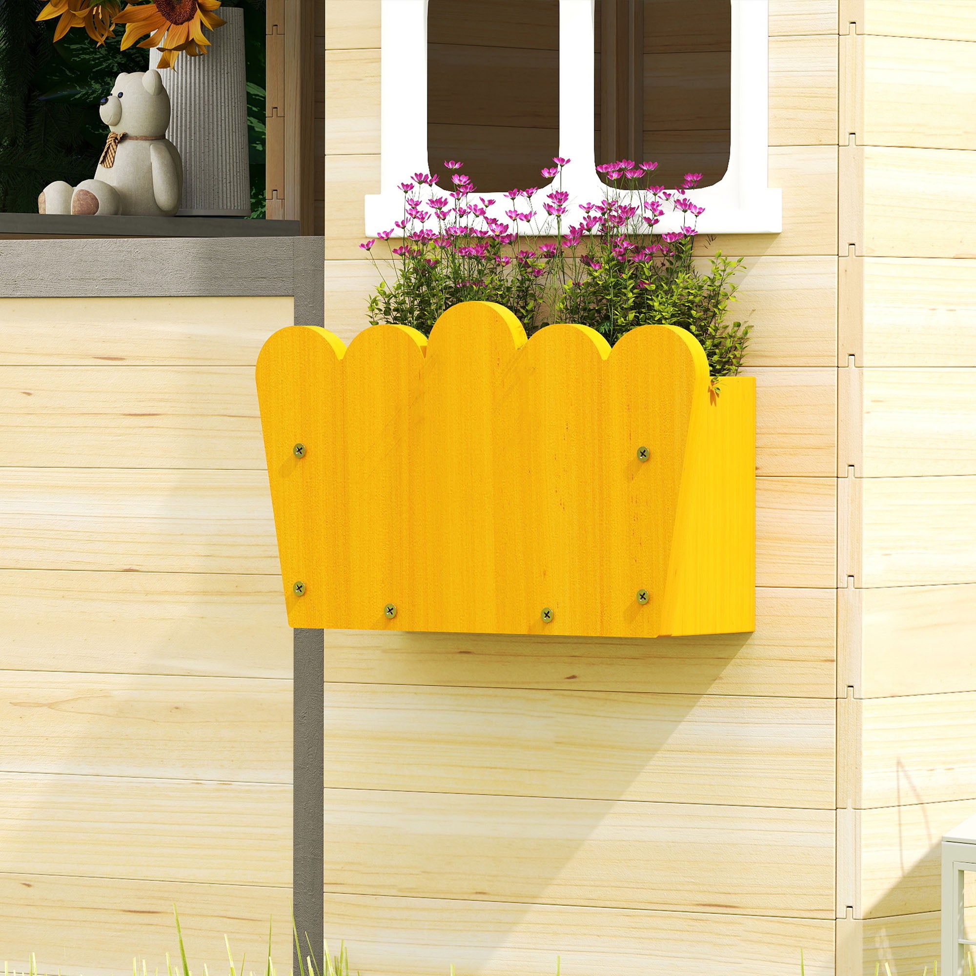 Wooden Playhouse for Kids Outdoor Garden Pretend Play Games, Adventures Cottage, with Working Door, Windows, Bench, Service Station, Flowers Pot Holder, for 3-7 Years Old