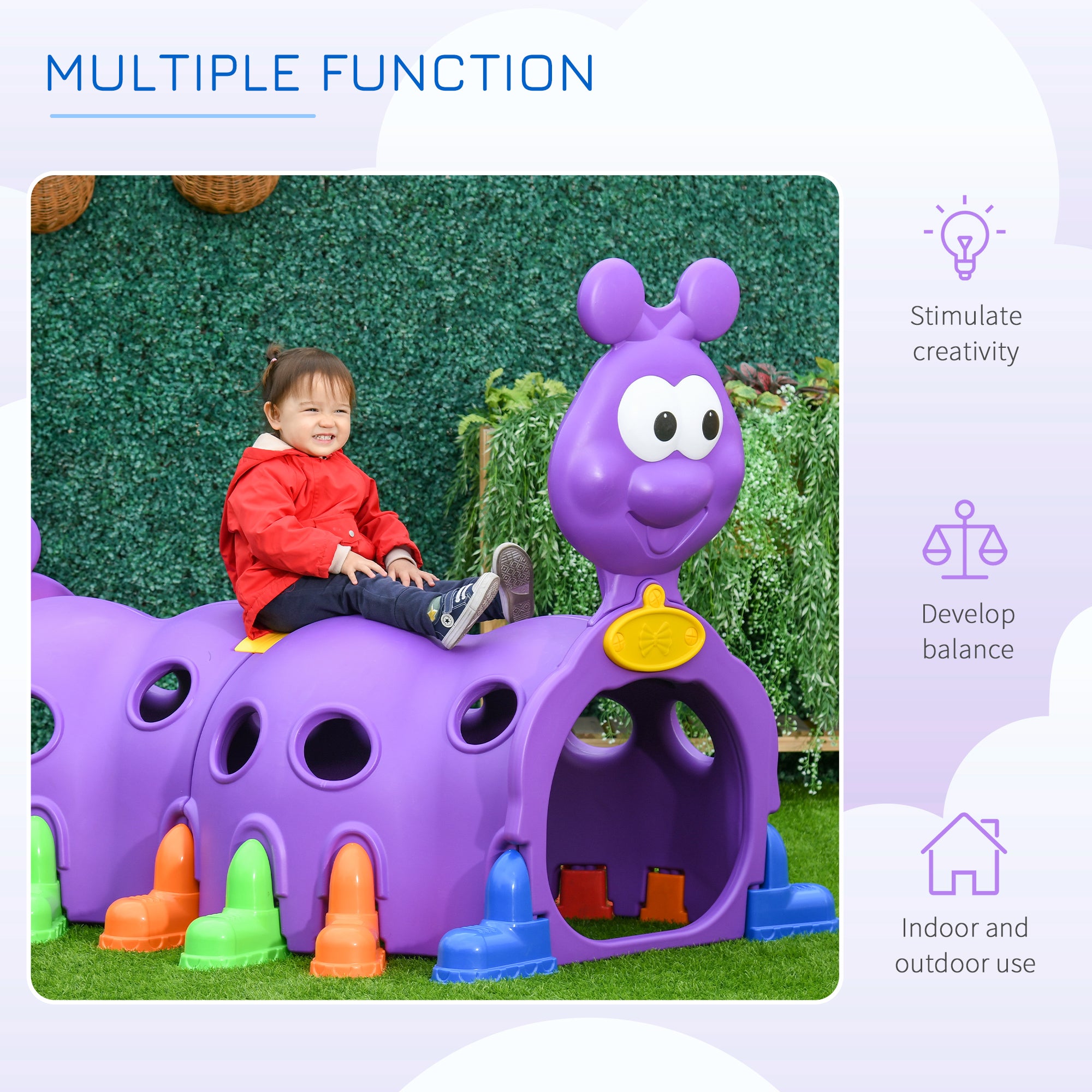 Caterpillar Play Tunnel, Toddler Tunnel for Kids Crawl and Climb Through, Kids' Play Structure Indoor Outdoor, 2 Sections, Purple