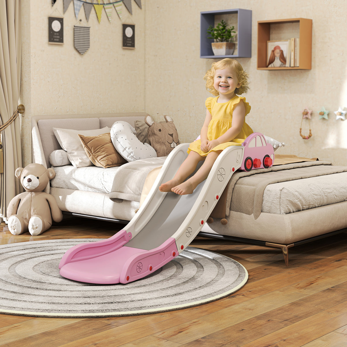 Extra Length Toddler Slide for Bed, Sofa, Easy to Assemble, Pink