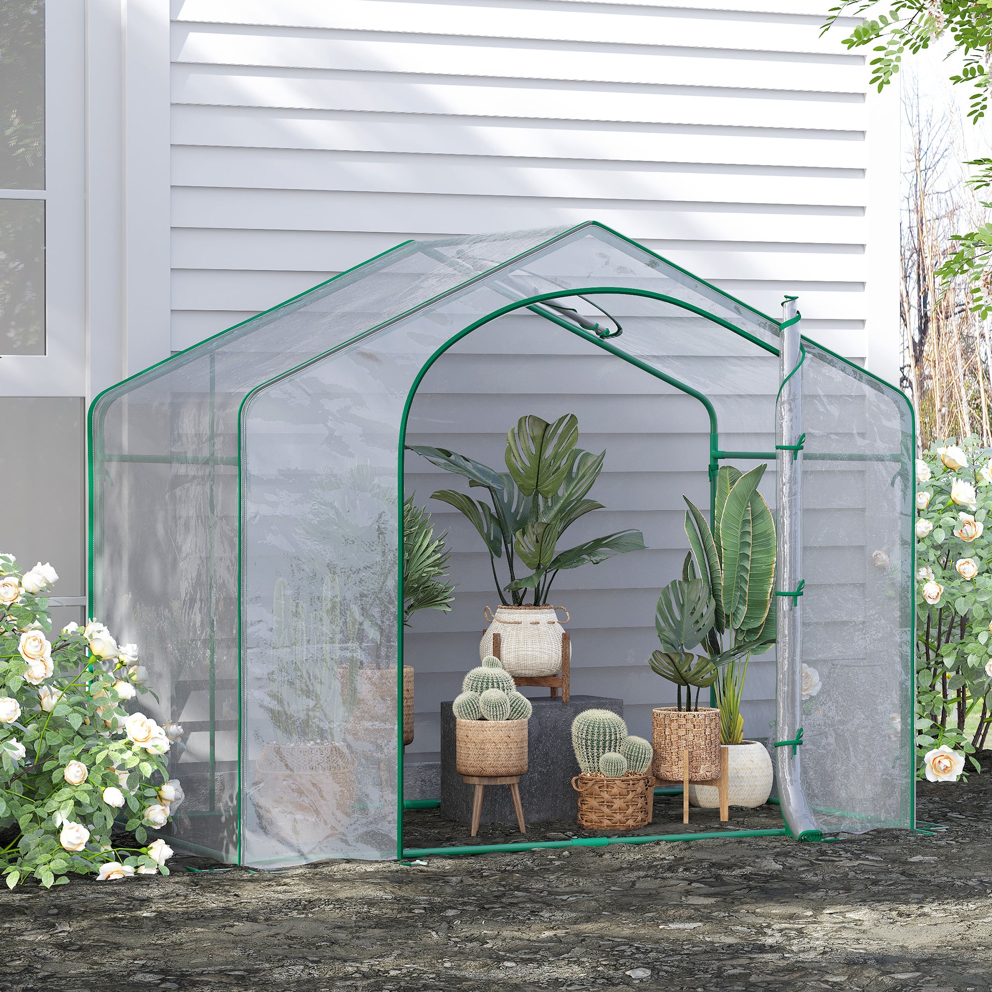 6' x 3' x 5' Portable Walk-in Greenhouse, Plastic Cover, Steel Frame Garden Hot House, Zipper Door, Top Vent for Flowers, Vegetables, Saplings, Tropical Plants, Clear - Clear - Image 2