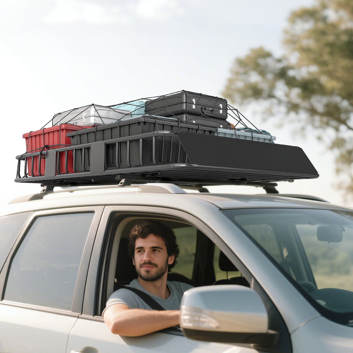 Car Roof Rack Basket, 64" x 39" x 6" Adjustable Cargo Basket for Cars, SUVs, Vans and RVs, 220 lbs Capacity, Black