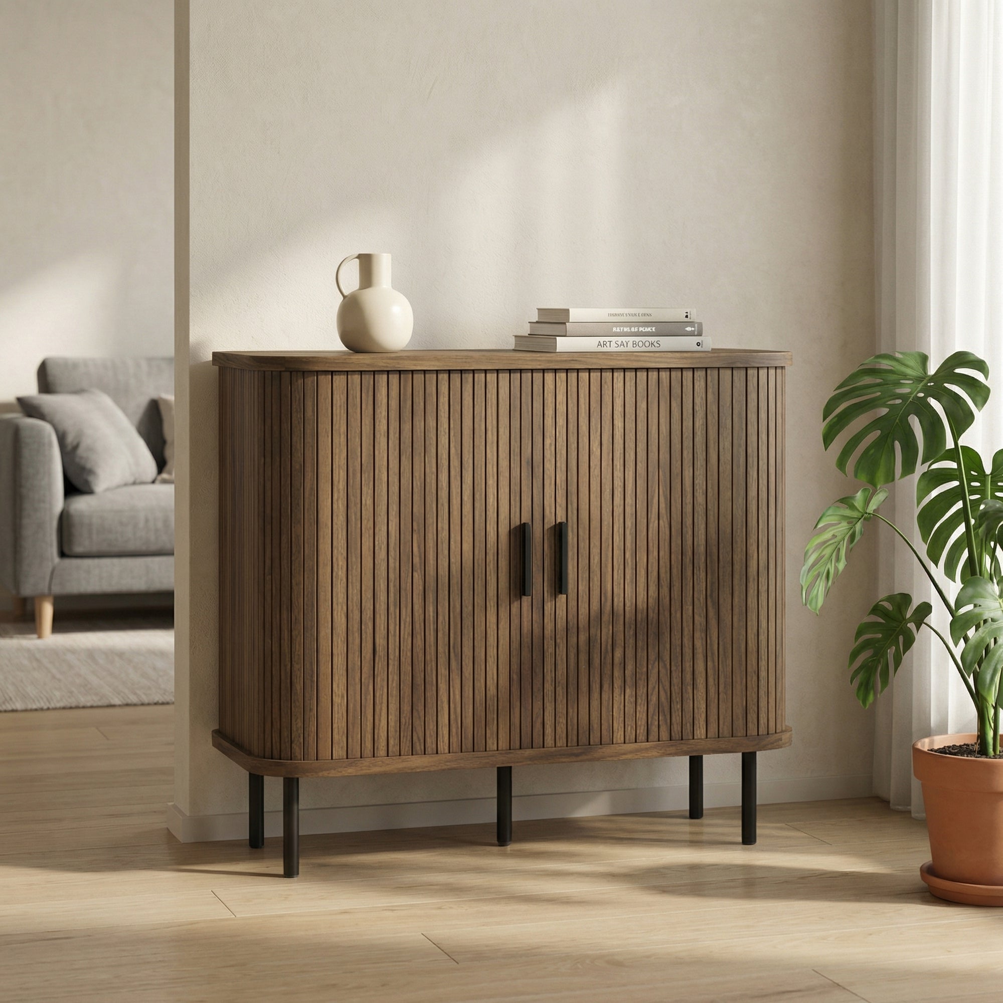 35.4" Sideboard Buffet Cabinet with Storage, Nordic Coffee Bar Cabinet with Slatted Tambour Doors and Metal Legs, Walnut