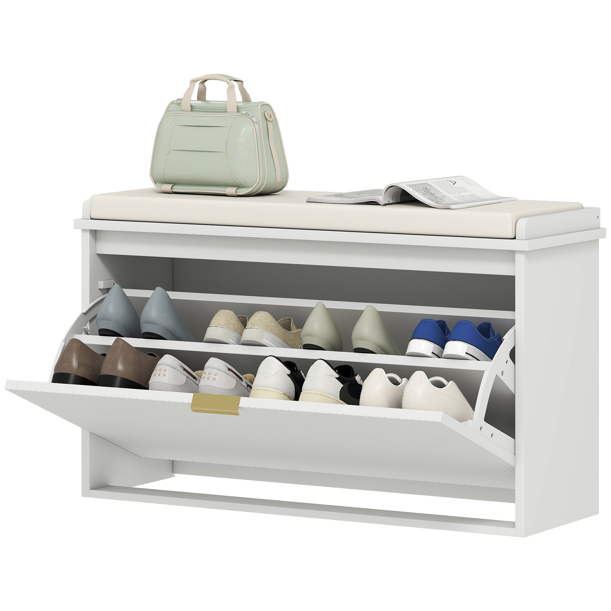 Shoe Storage Bench with Padded Seat Cushion and Flip-Drawer, Entryway Bench, Shoe Cabinet, 31.5x10.2x18.7 Inches, White