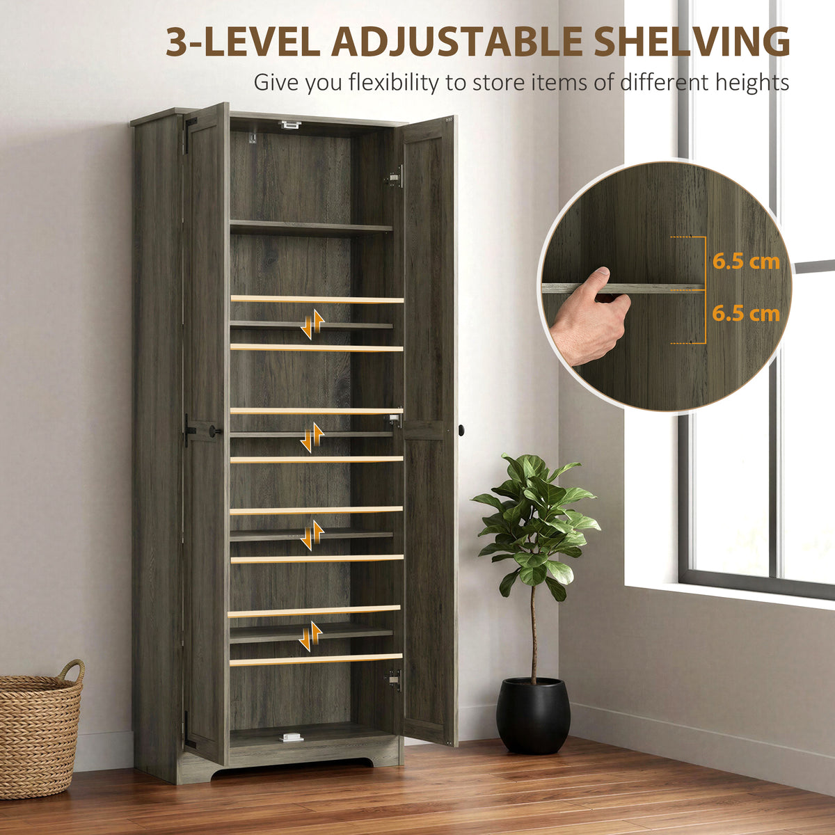 67" Farmhouse Pantry Cabinet, Freestanding Food Pantry Cabinet with Adjustable Shelves, Distressed Gray