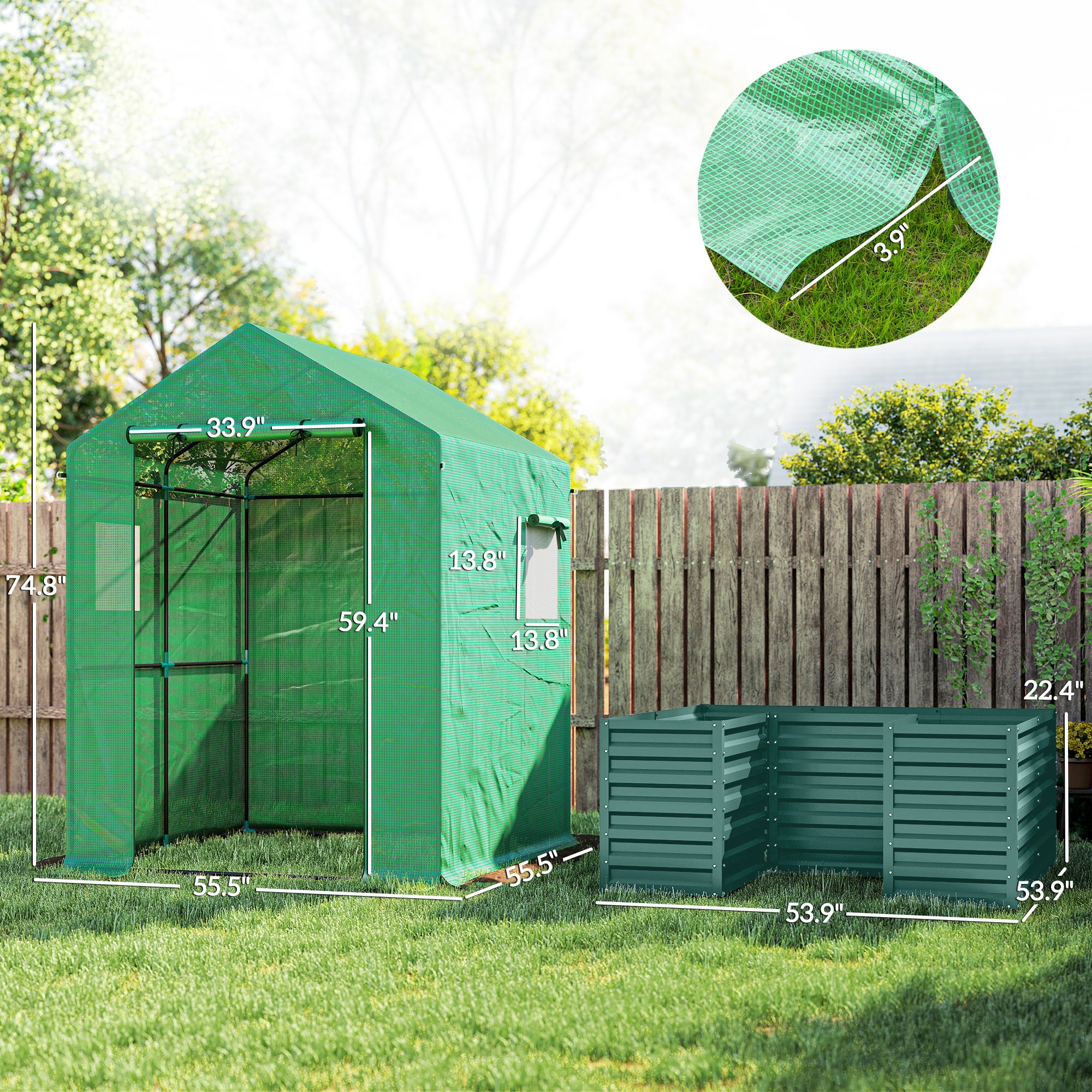 Greenhouse with Raised Garden Bed, Galvanized Steel Outdoor Greenhouse with Roll Up Door, 56" x 56" x 75", Green - Green - Image 3