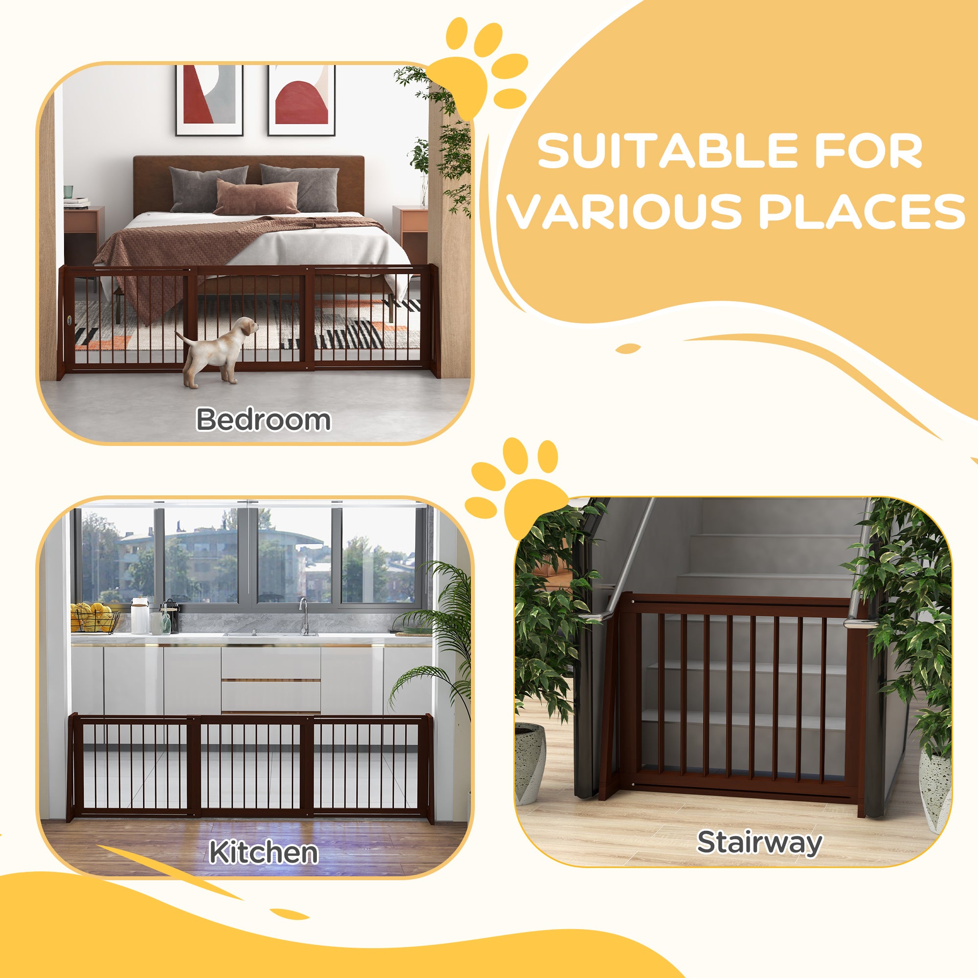 28"-75" Freestanding Wooden Pet Gate with Support Feet & Non-Slip Mats for Indoor, Stairway, Doorway, Brown - Brown - Image 4