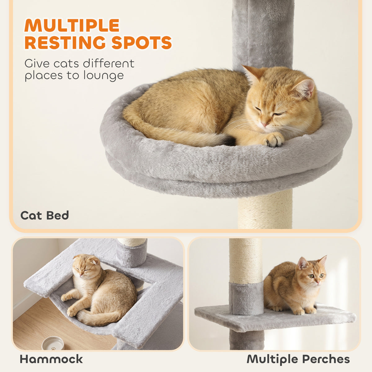 90.6" -102.4" Floor-to-Ceiling Cat Tree Adjustable Height with 3-Rod Support, 5-Level Cat Tower, Light Gray