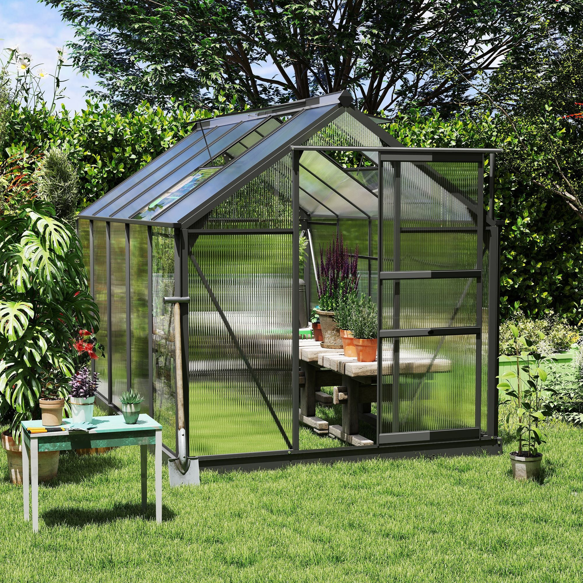 6' x 10' Greenhouse for Outdoors, Polycarbonate Greenhouse with Rain Gutter and Roof Vent, Aluminum Walk-in Green Houses for Outside for Patio Backyard Garden, Dark Green - Dark Green - Image 2