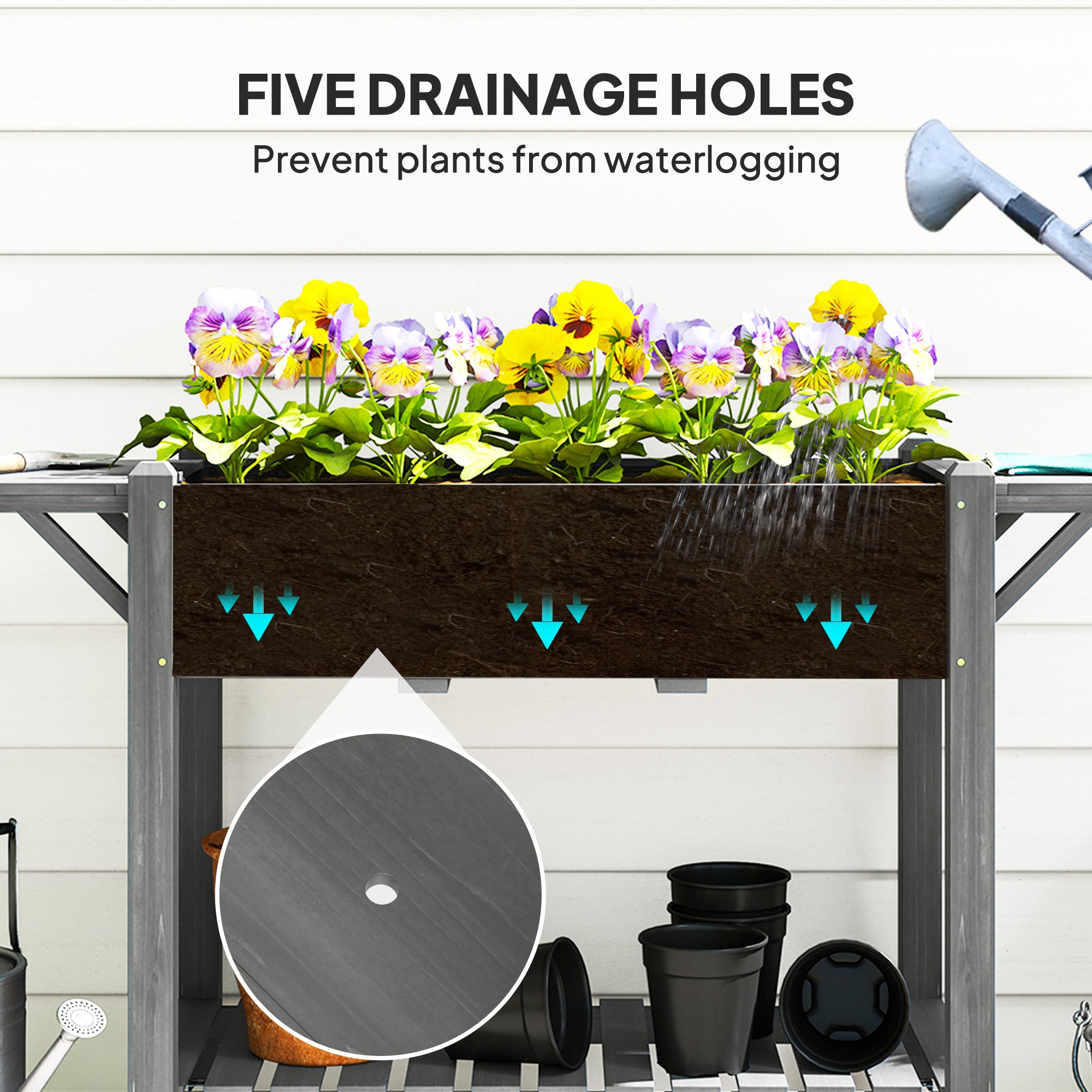 Wood Raised Planter Box, Elevated Garden Bed with Lockable Wheels, Side Tables, Bottom Shelf, Drain Holes, Gray - Gray - Image 7