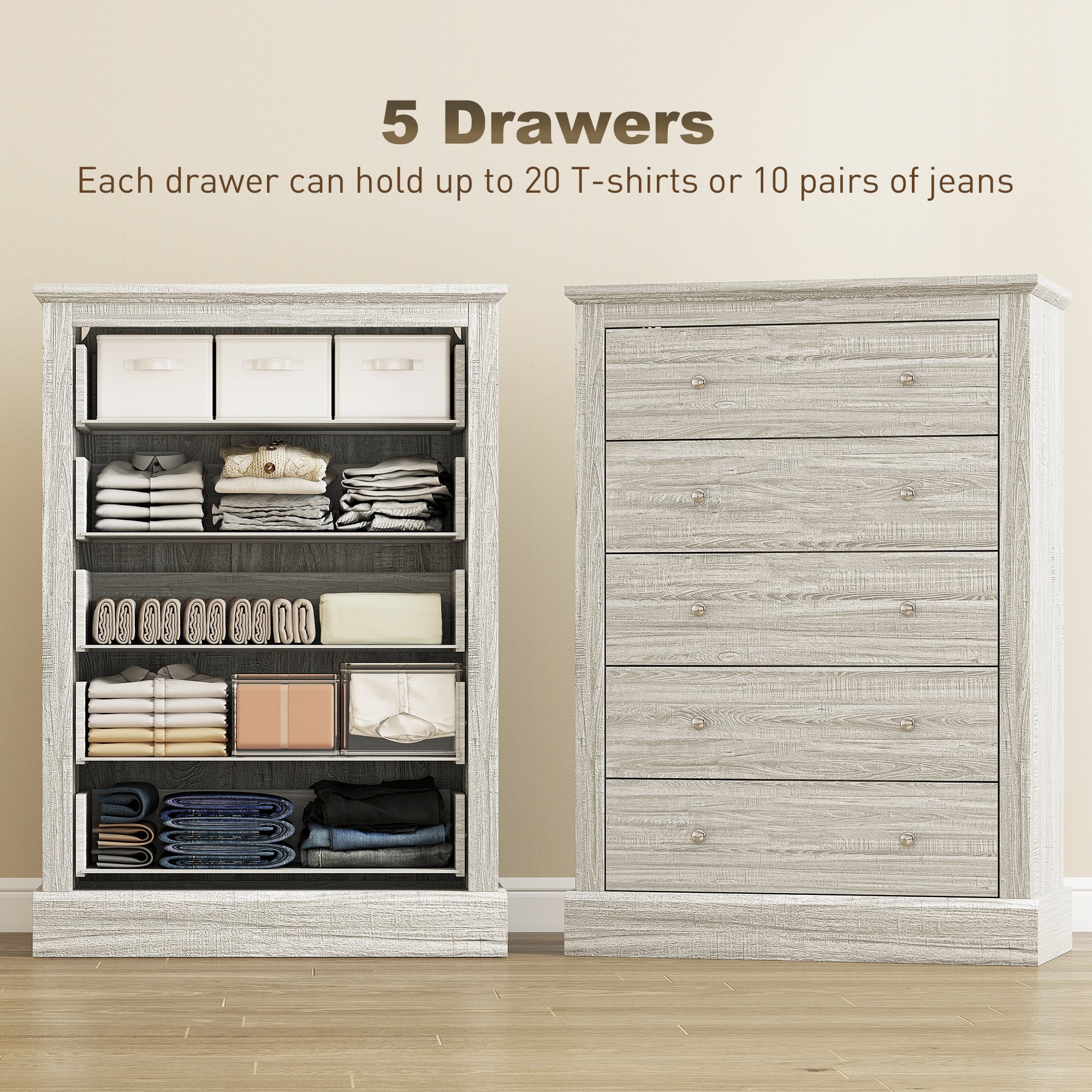 31" Wide Farmhouse Chest of Drawers with 5 Drawers, Dresser for Bedroom with Wood Top for Living Room, Dirty Oak