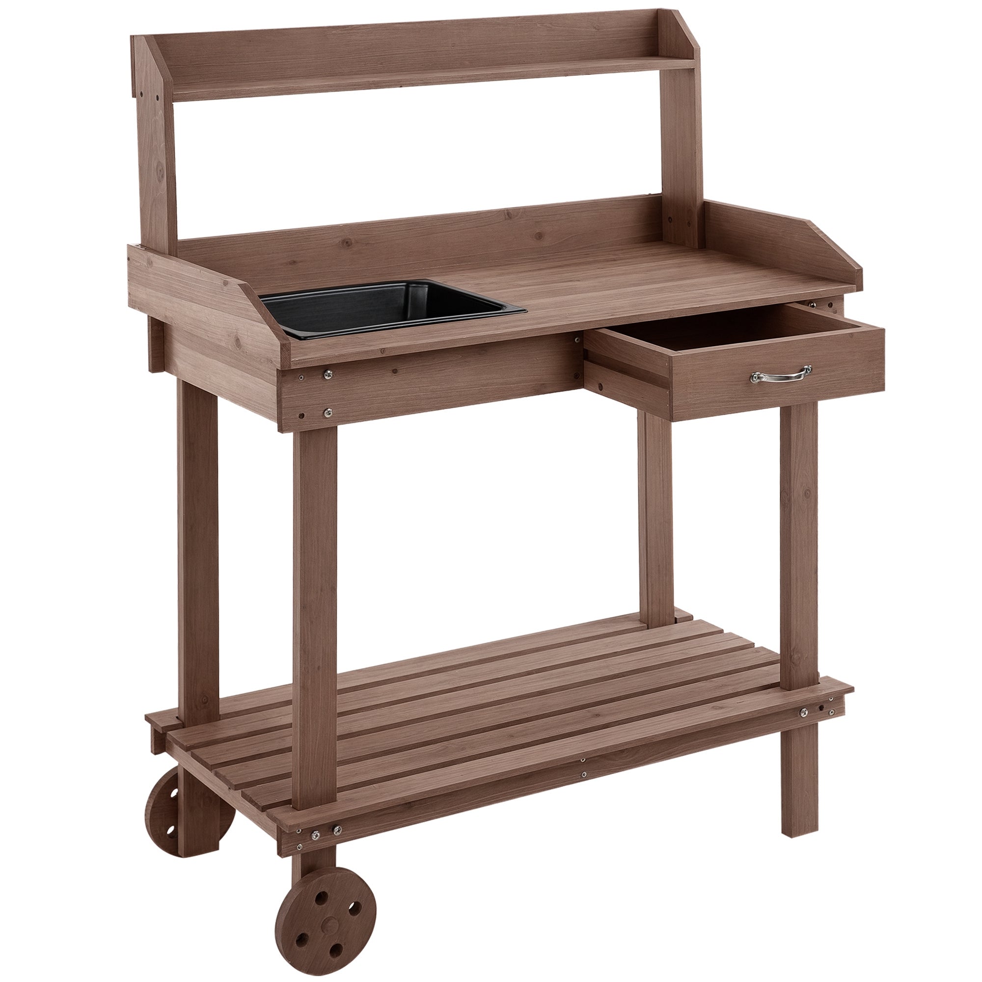 36" Wooden Potting Bench Work Table with 2 Removable Wheels, Garden Workstation with Removable Sink, Drawer & Large Storage Spaces, Brown - Brown
