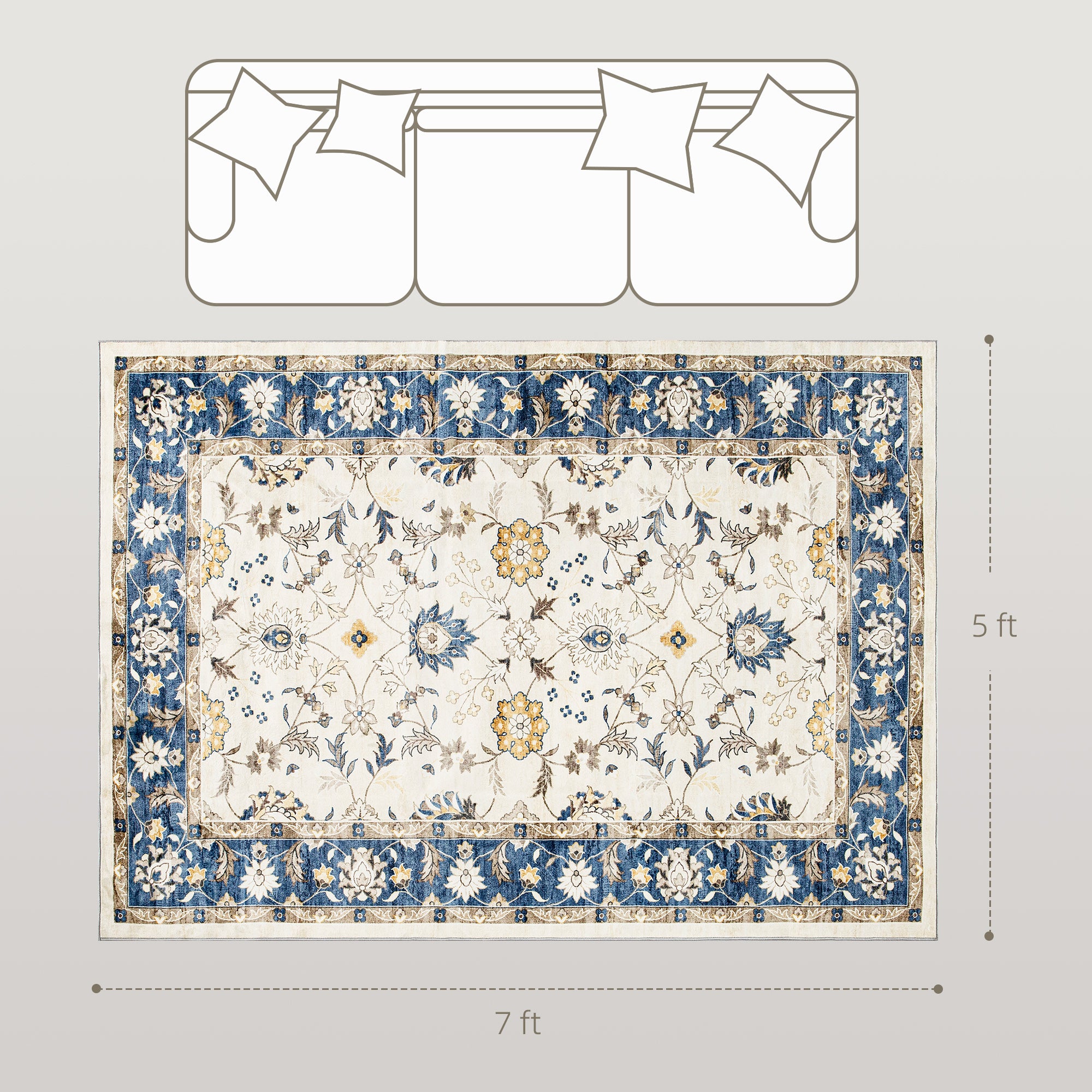Machine Washable Area Rug 5x7, Non-Slip Boho Floral Print Floor Carpet for Living Room, Bedroom, Dining Room, Blue
