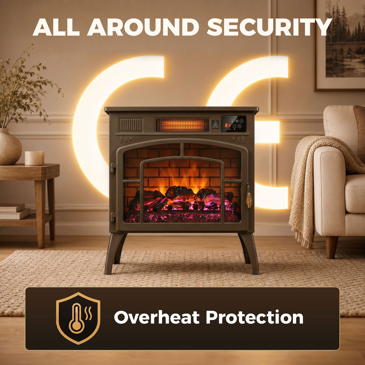 3-Sided Glass WiFi Electric Fire Heater, Smart Electric Fireplace Stove, Brown