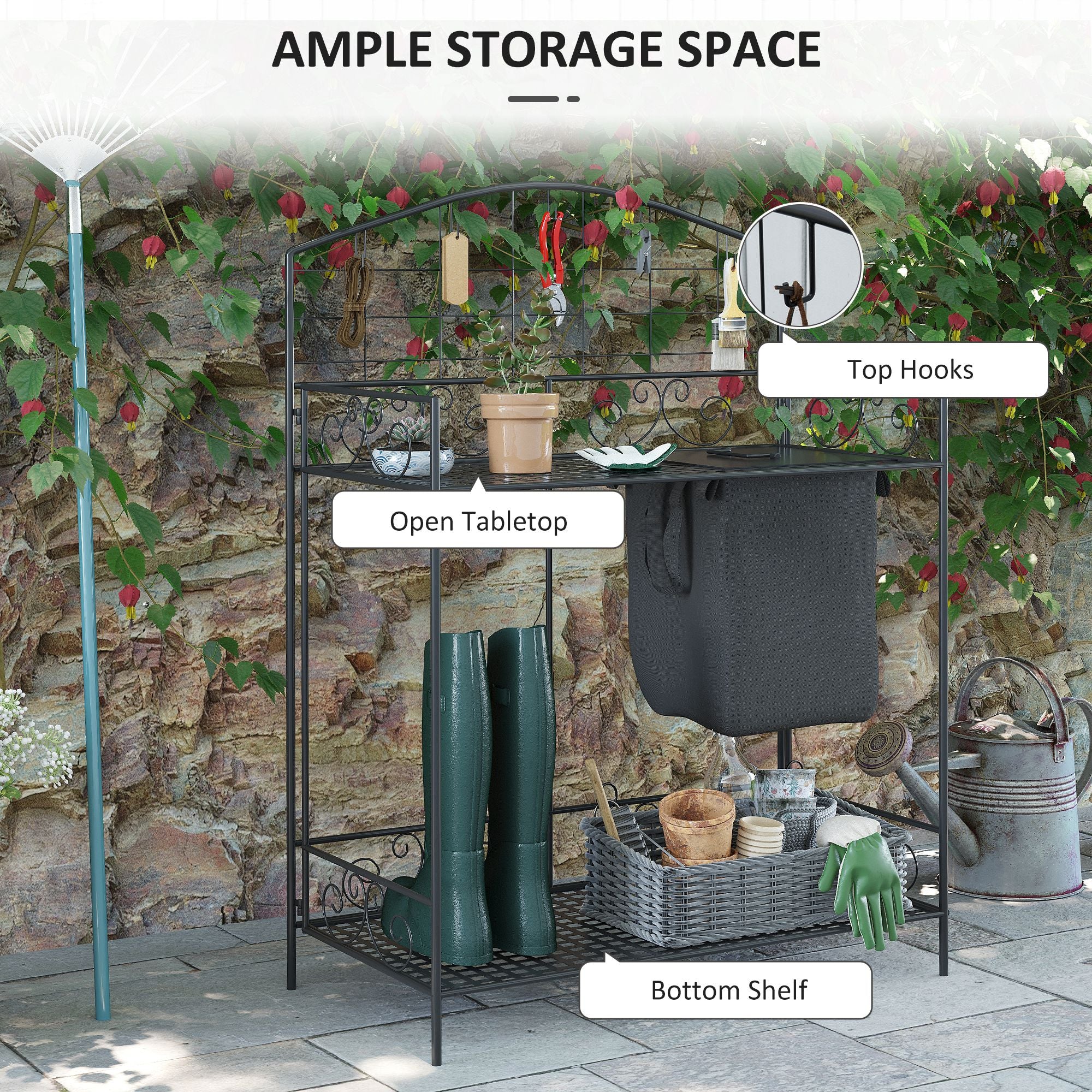 Folding Potting Bench Table, Metal Garden Workstation, Work Bench with Large Build-In Bag with Cover, 5 Hanging Hooks & Storage Shelf, Flourishes - Black - Image 4