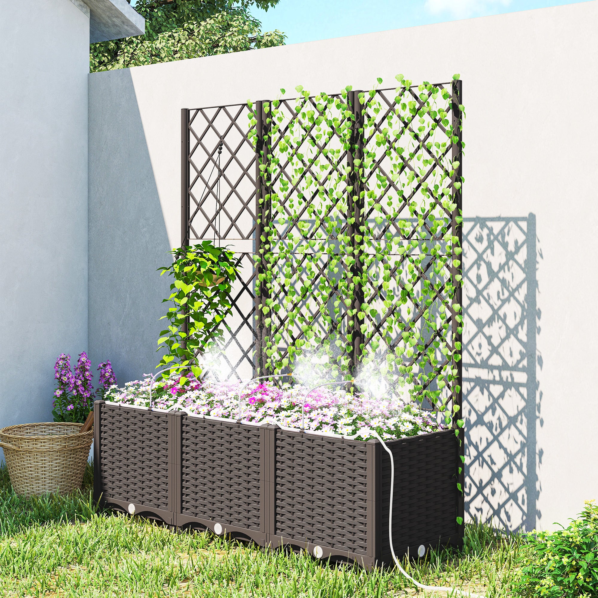 3PCS Plastic Planter Box with Trellis, Self-Watering Raised Garden Bed with Trellis and Automatic Watering Timer Kit - Brown - Image 2