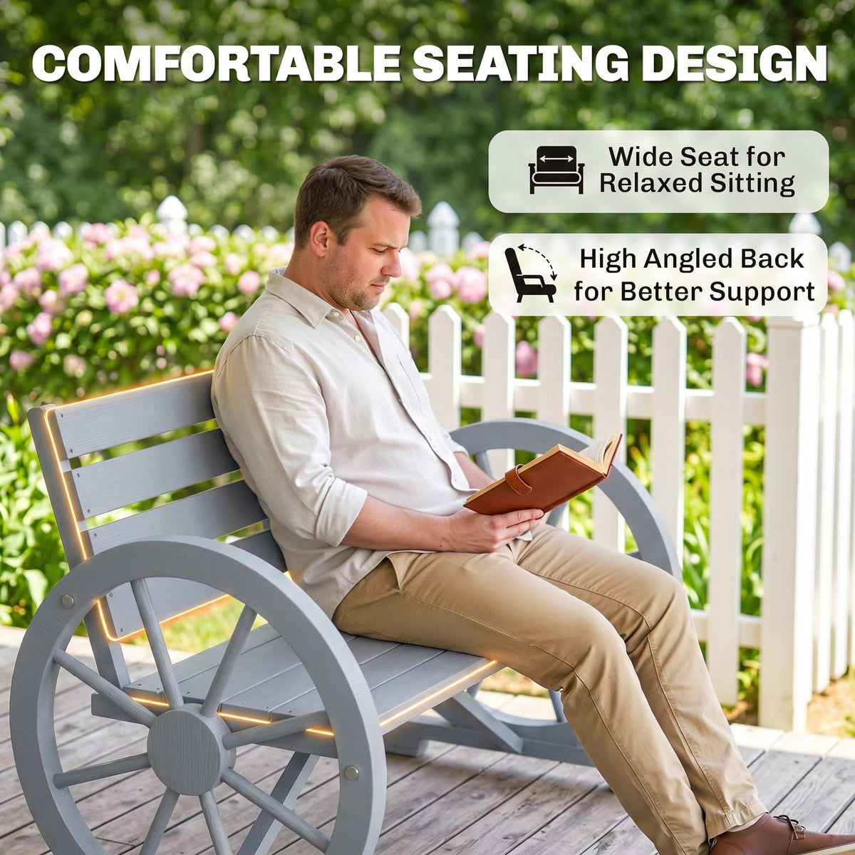 41" Wooden Wagon Wheel Bench, Rustic Outdoor Patio Bench Weather Resistance Furniture, 2-Person Slatted Seat with Backrest, Light Gray