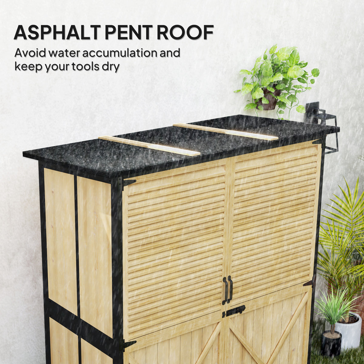 Wood Storage Shed, Outdoor Garden Shed with Asphalt Roof, 2 Shelves, Lockable Doors and Adjustable Feet, Natural