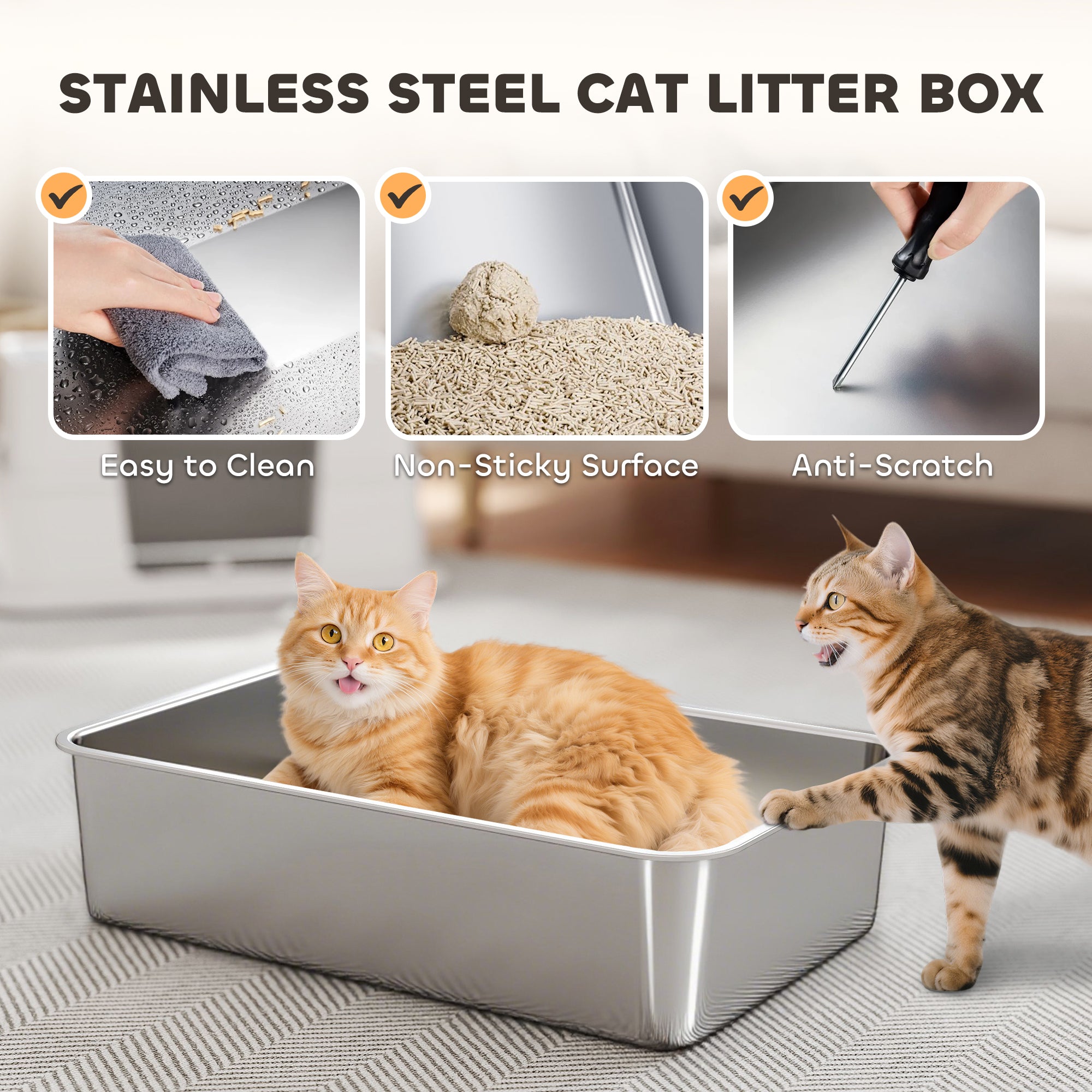 XL Stainless Steel Litter Box w/ 100° Flip Top, Scoop, Step, Top & Side Entry Enclosed Litter Box for Big Cats - Light Gray - Image 4
