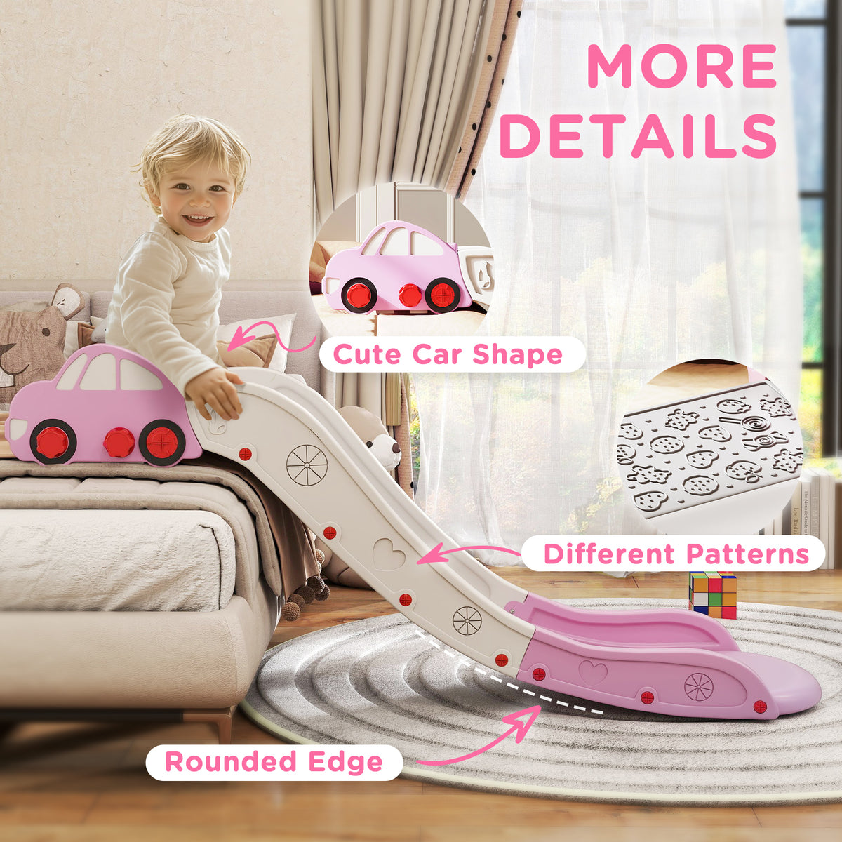 Extra Length Toddler Slide for Bed, Sofa, Easy to Assemble, Pink