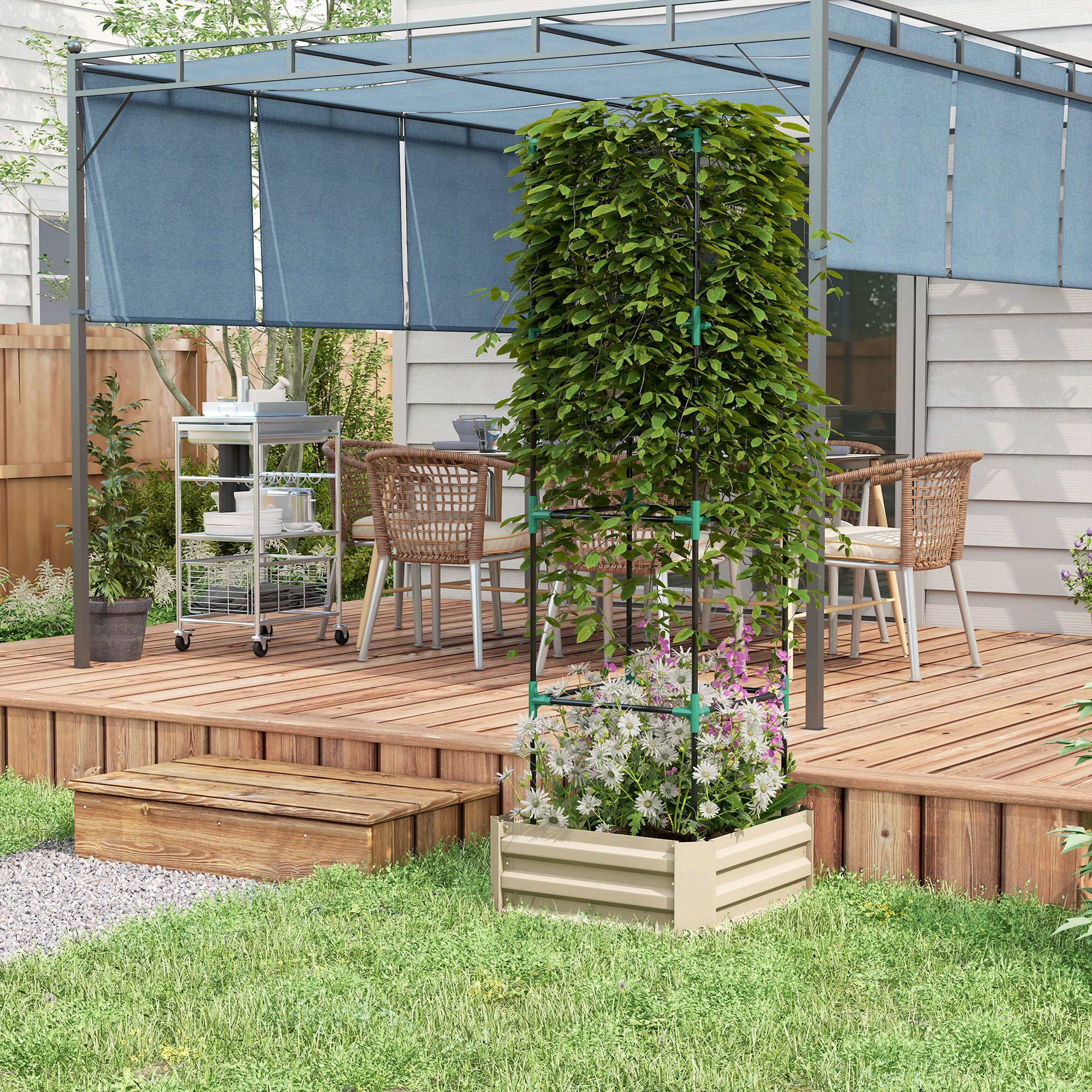 Galvanized Planter Box, 24" x 24" x 73.5" Raised Garden Bed with Tomato Cage for Climbing Vines, Cream - Cream White - Image 7