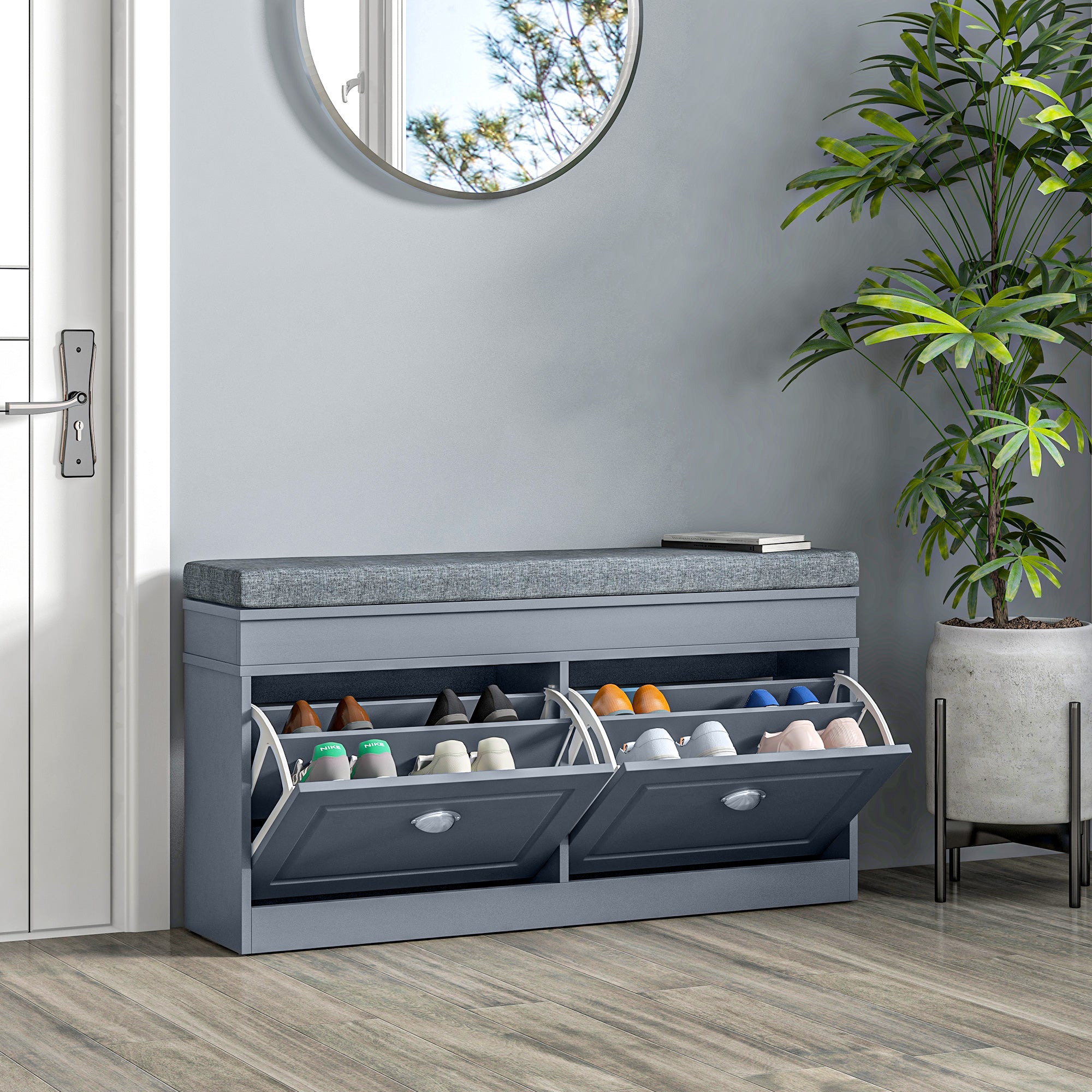 Modern Shoe Storage Bench, Entry Way Bench with Cushion, 2 Drawers, Storage Ottoman Bench, Holds 8 Pairs, Gray