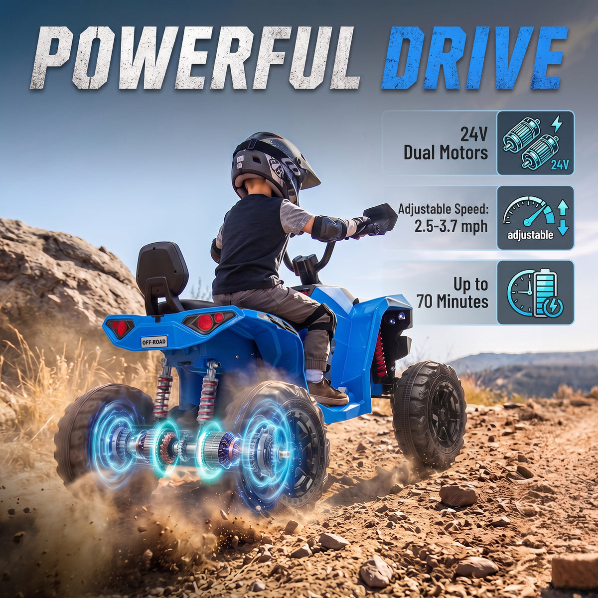 24V 2 Seater Ride On Toys, Kids ATV 4 Wheeler with Dual Motors, High & Low Speed for Boys Girls Aged 3-8 Years, Blue