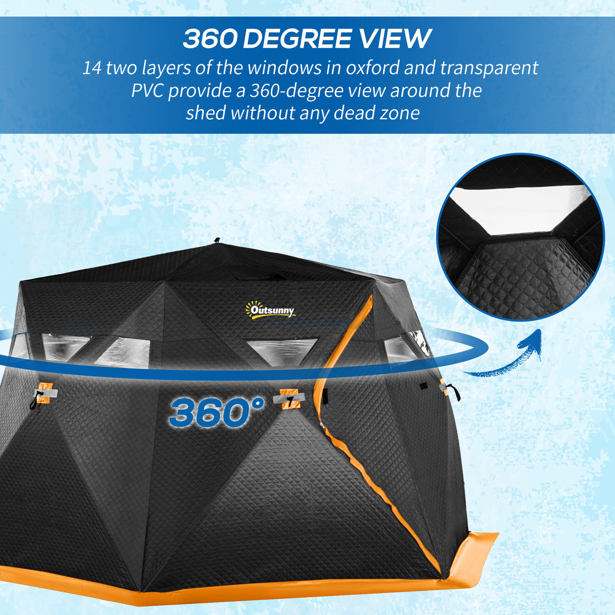 4 Person Insulated Pop-Up Ice Fishing Shelter, 360-Degree View, Portable Ice Fishing Tent Shanty with Carry Bag, Two Doors and Anchors for Low-Temp -22℉, Black and Orange