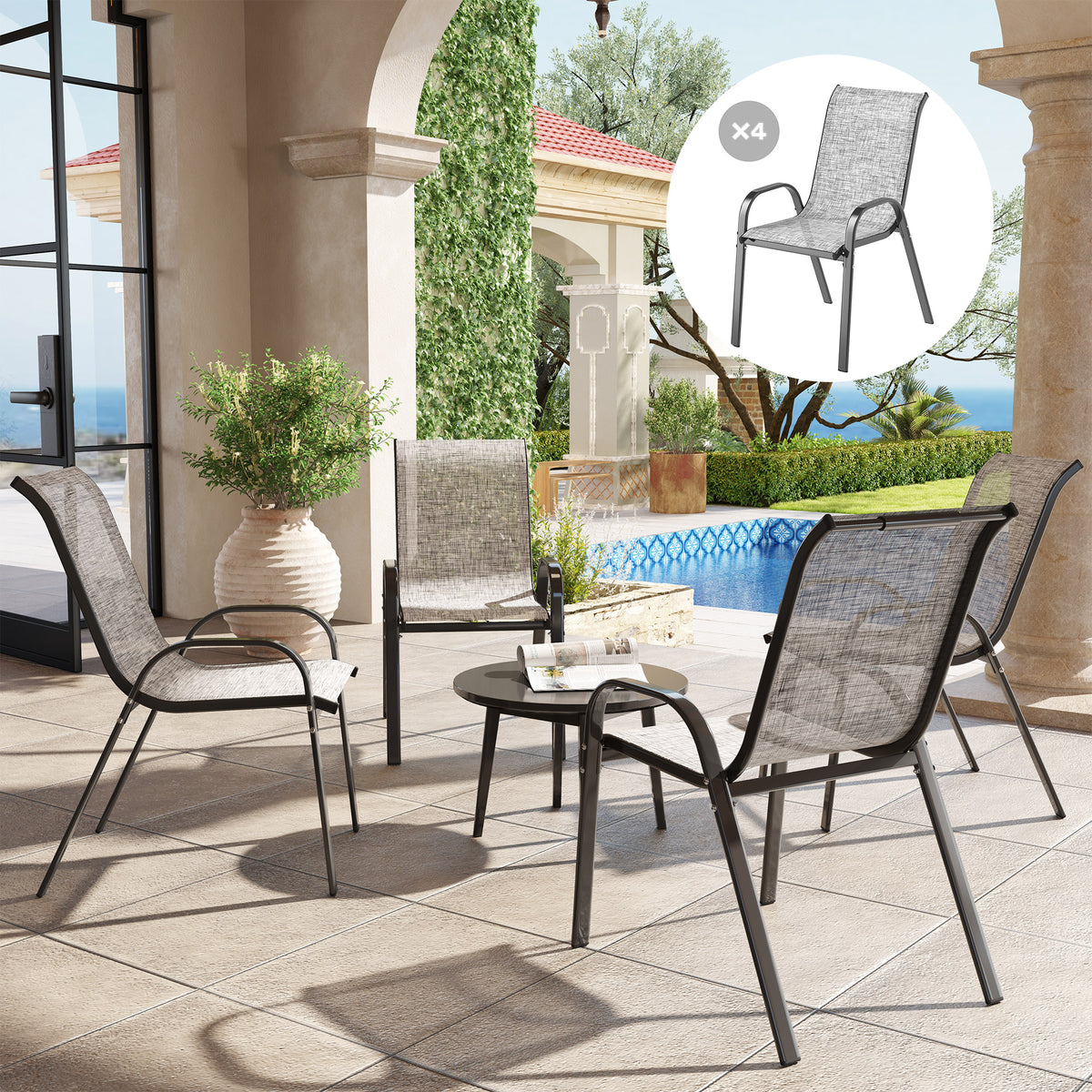 Set of 4 Outdoor Dining Chairs, Stackable Patio Chairs with High Back, Breathable Mesh Seat for Garden Lawn, Mixed Gray