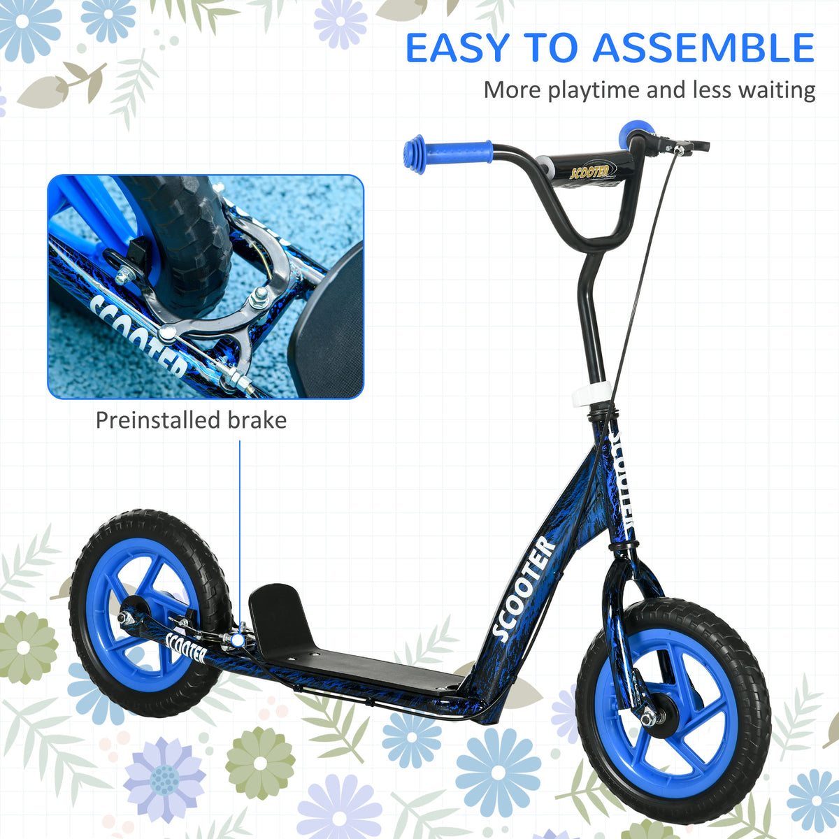Kids Scooter with Adjustable Handlebar, Kids Kick Scooter with Non-slip Footplate, Rear Brake, 12" EVA Wheels, Blue