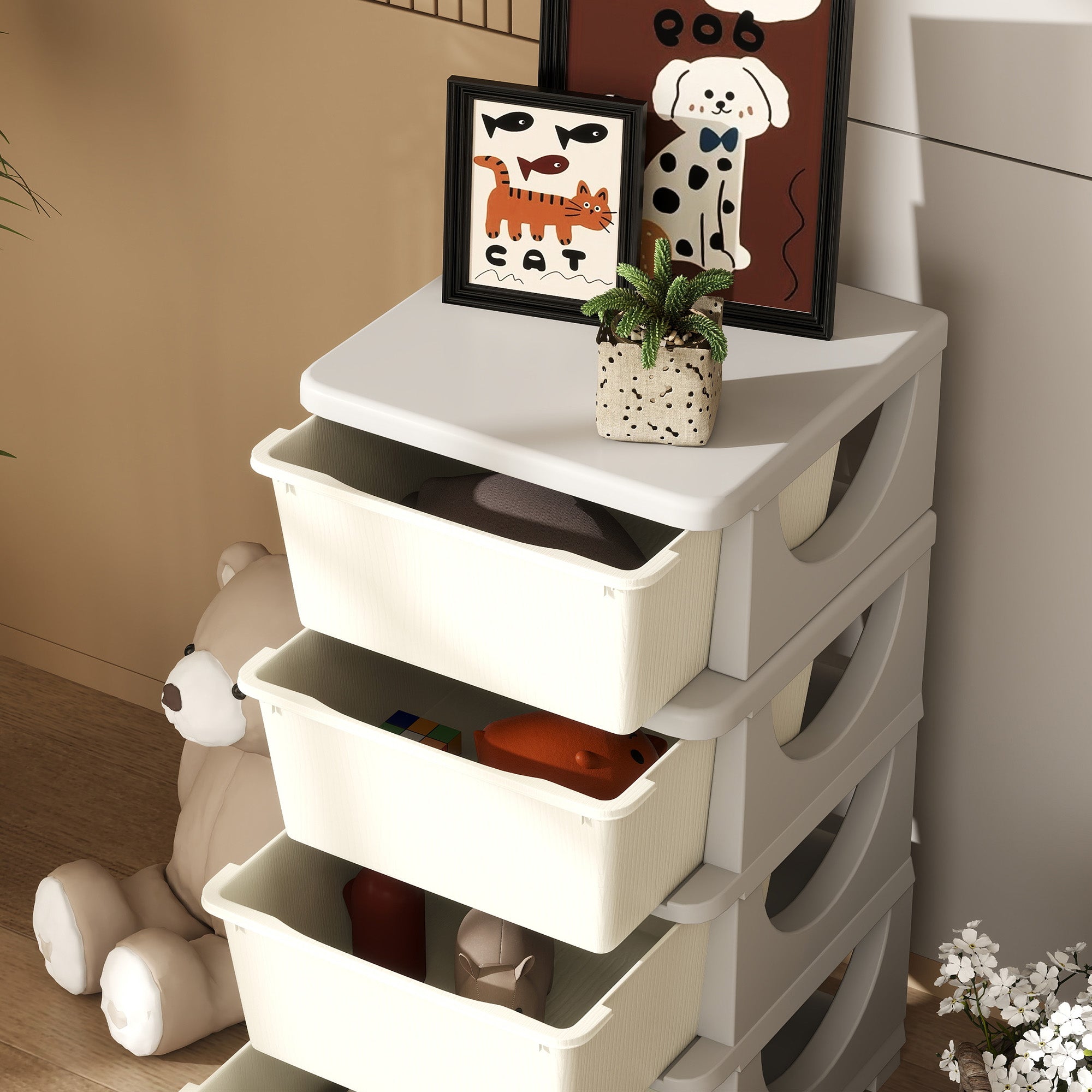 30" 4 Tier Kids Storage Unit Dresser Tower w/ 4 Drawers, Cream White