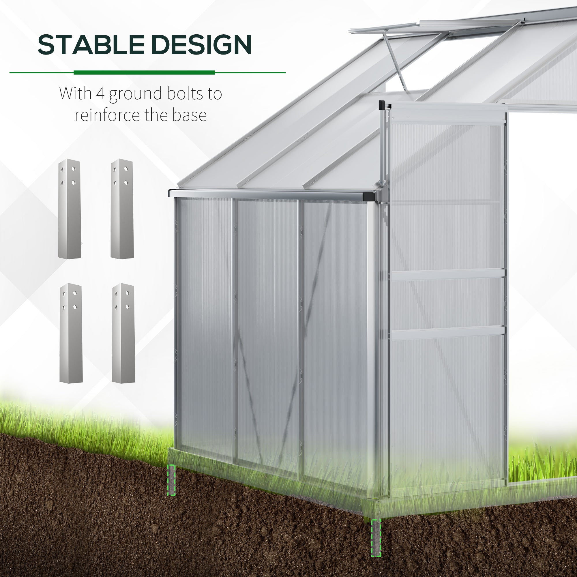 6' x 4' Aluminum Lean-to Greenhouse Polycarbonate Walk-in Garden Greenhouse with Adjustable Roof Vent, Rain Gutter and Sliding Door for Winter, Clear - Clear - Image 6