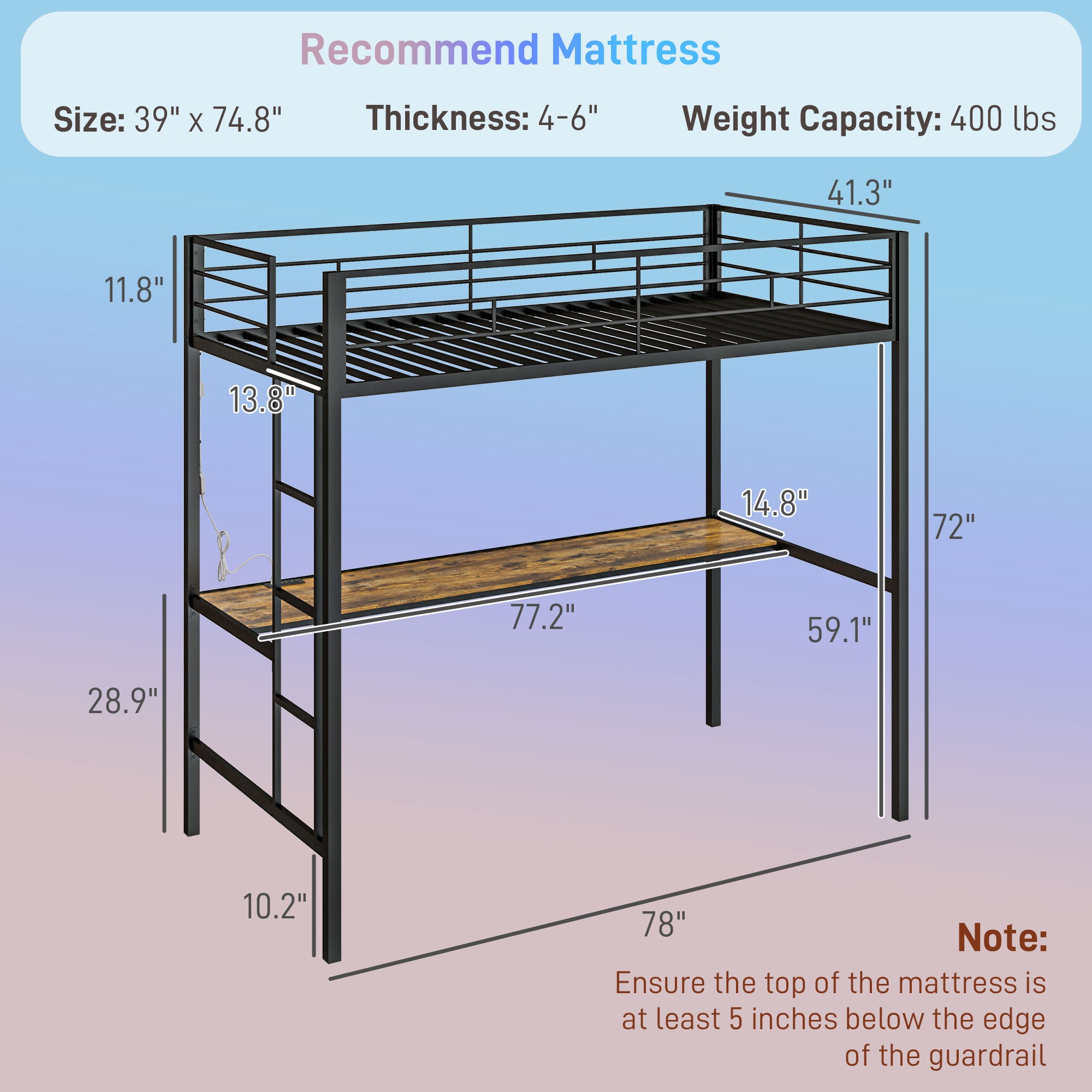 Twin Size Loft Bed with Desk, LED Lights, Charging Station, Twin Metal Loft Bed Frame with Ladder, Black