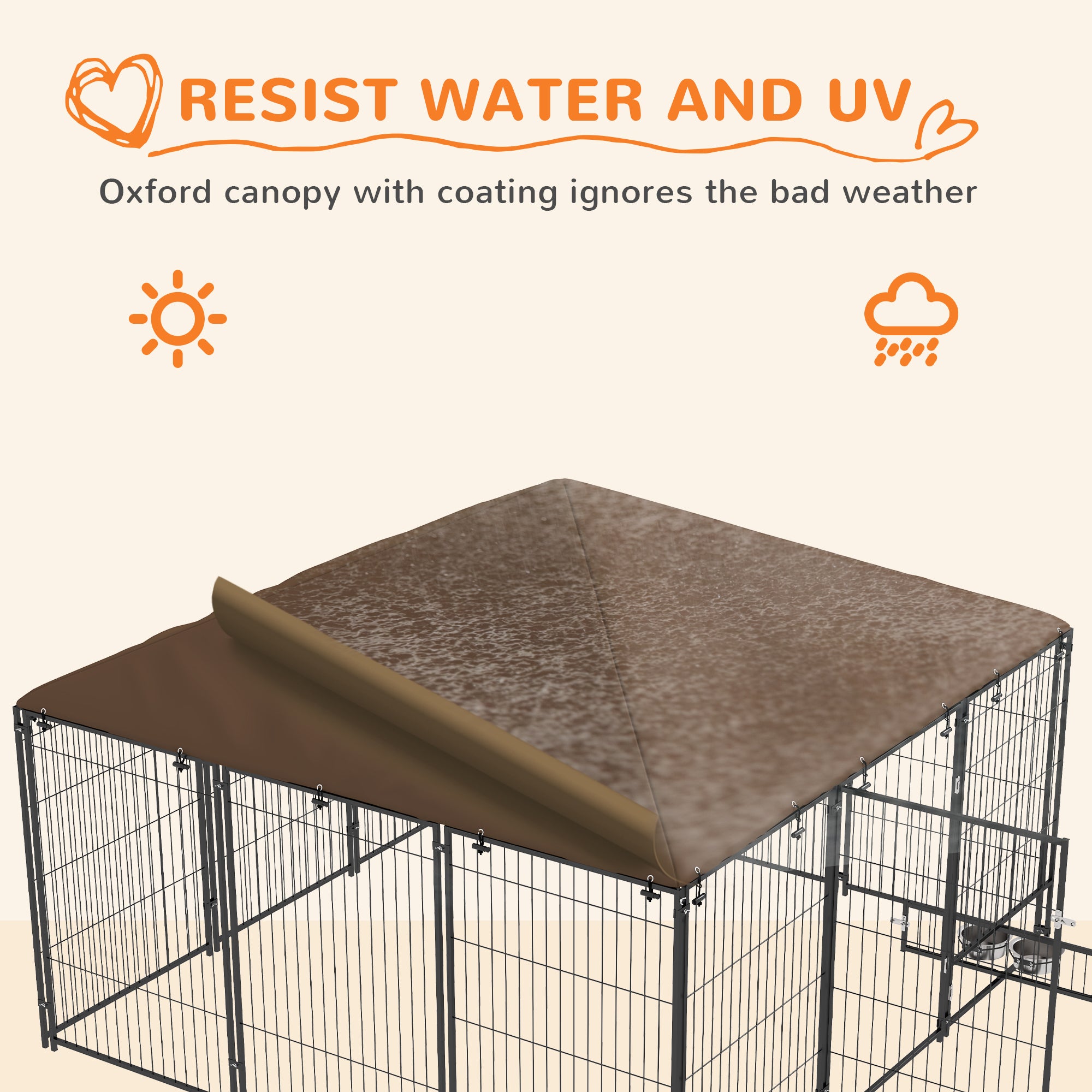 6.9' x 6.9' x 5' Outdoor Dog Kennel with Canopy Garden Playpen Fence Crate Enclosure Cage Rotating Bowl, Coffee - Coffee - Image 5