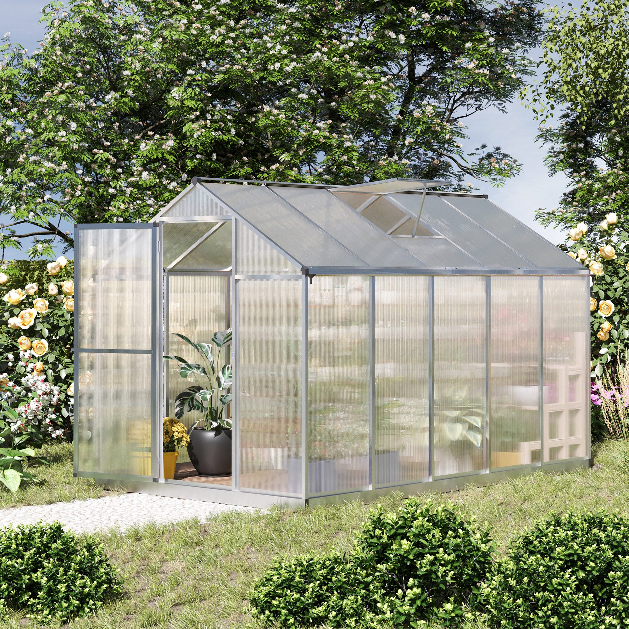 10' L x 6' W Walk-In Polycarbonate Greenhouse with Roof Vent for Ventilation & Rain Gutter for Winter - Silver - Image 2