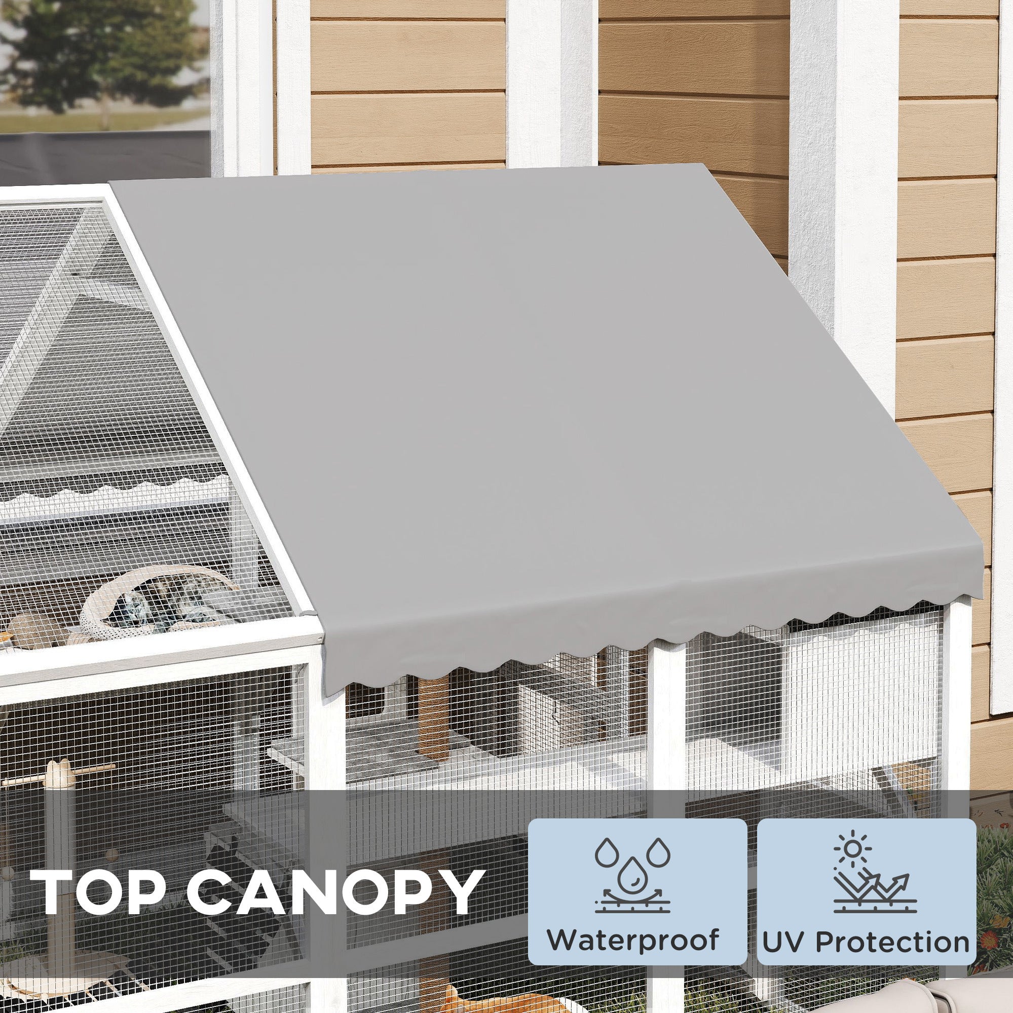 Wooden Catio Outdoor Cat Enclosure with Waterproof Cover, 2 Condos, 6 Platforms, Bridge, Doors, White - White - Image 6