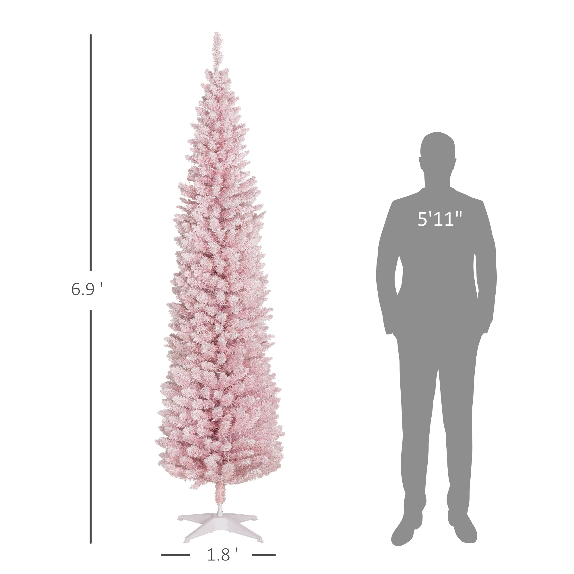 7ft Pencil Christmas Tree, Slim Artificial Christmas Tree with Snow Flocked Branches and Warm White LED Lights, Pink
