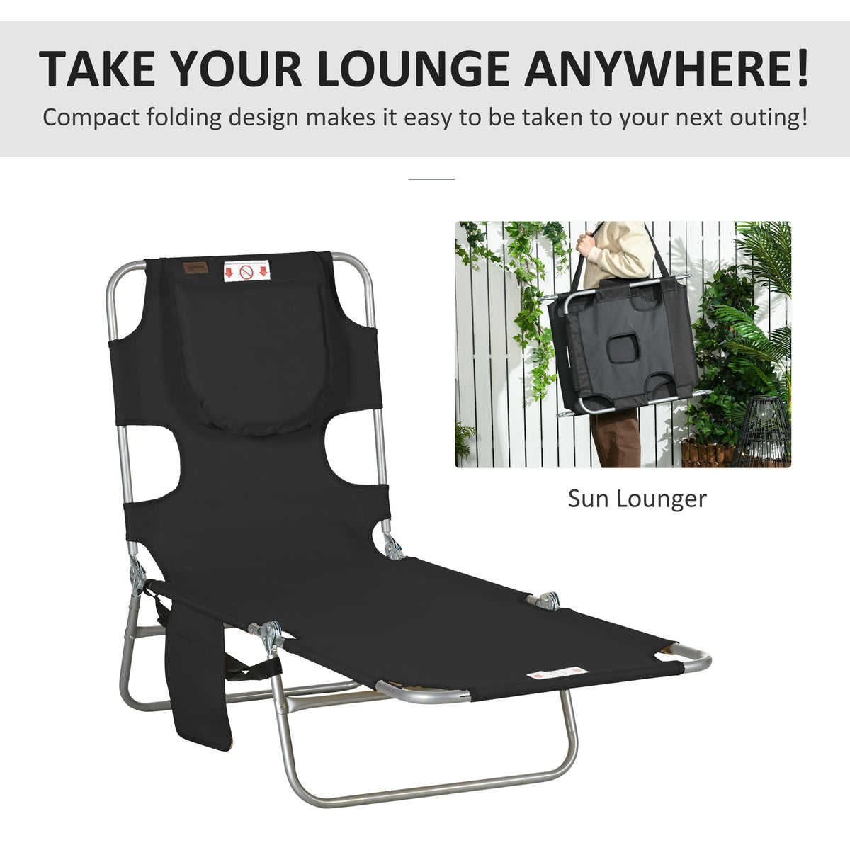 Tanning Chair with Face Hole, 5-Level Adjustable Outdoor Chaise Lounge Chair with Pillow for Beach, Pool, Black