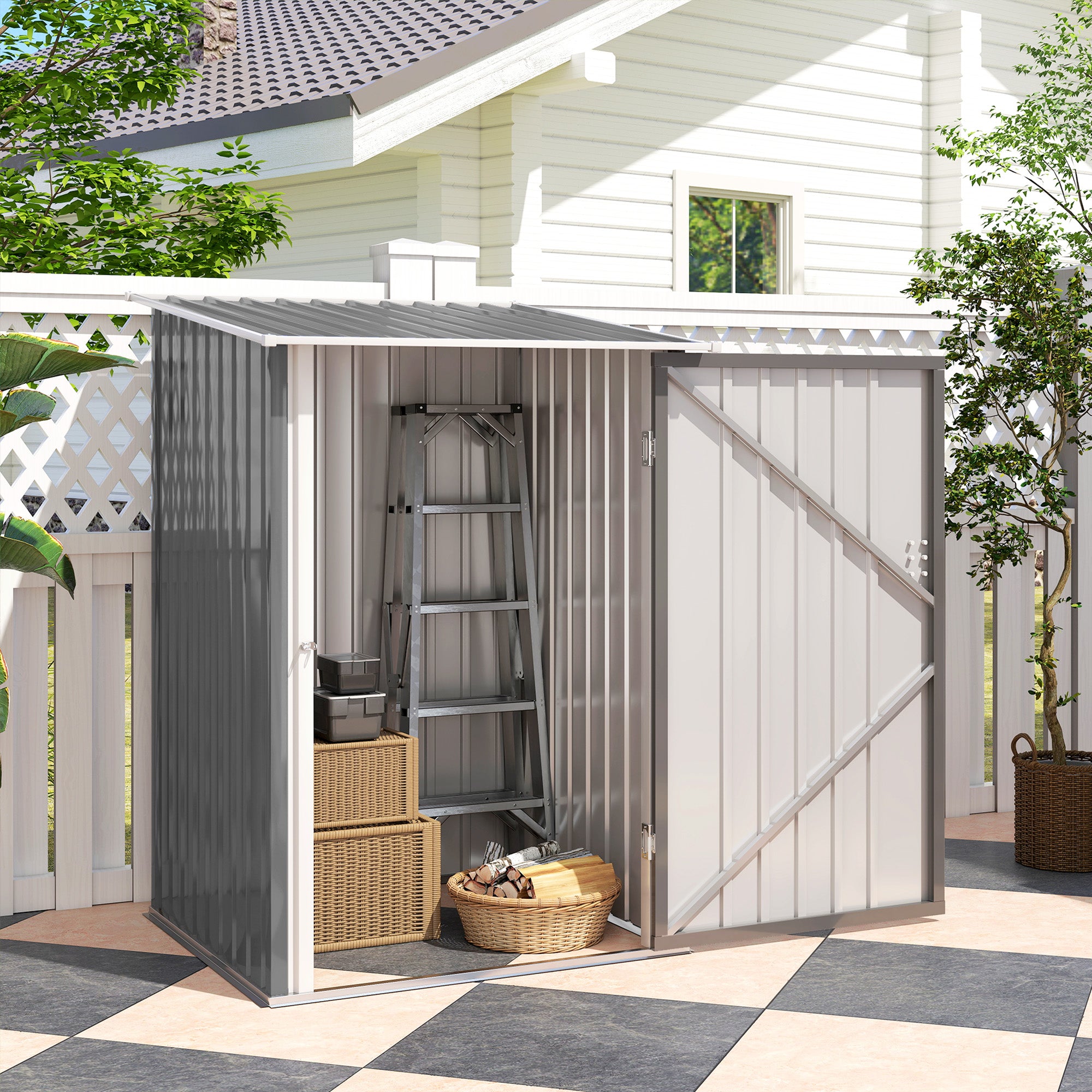 Outdoor 3.3' x 3.4' Lean-to Garden Storage Shed, Galvanized Steel Tool House with Lockable Door for Patio, Gray - Gray - Image 8